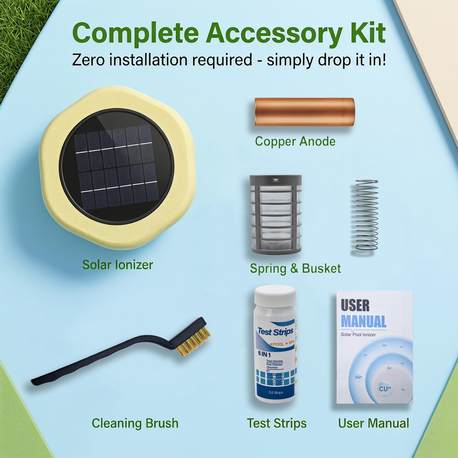 Accesorio de mantenimiento de piscina flotante alimentado por energía solar con ánodo de cobre reemplazable, flotador duradero para piscinas sobre el suelo, enterradas y de agua salada, kit completo
