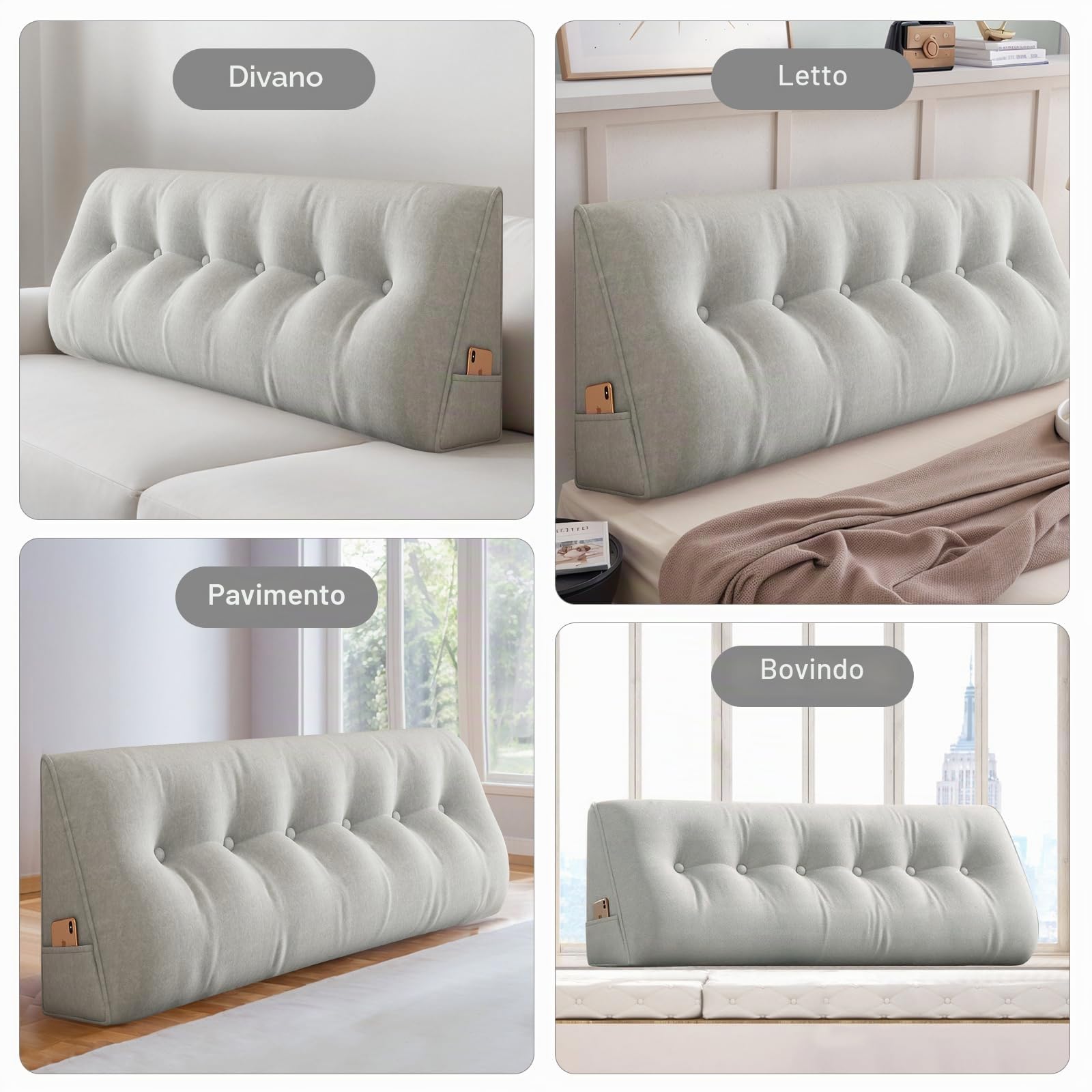 ShowyLive Cuscino Schienale Letto, Cuscino da Lettura per Letto Divano, Cuscino per la Schiena e la Testa con Tasca Laterale, Rivestimento Sfoderabile e Lavabile (100 * 50 * 20 cm, Grigio Chiaro)