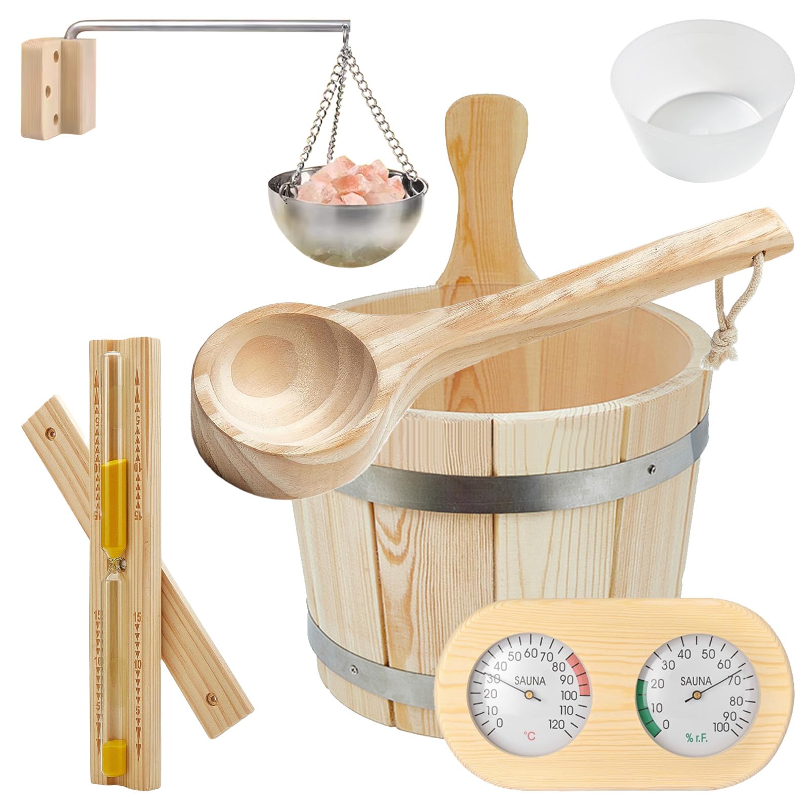 Cubo Sauna, Juego de Cubos de Sauna (5 litros), Cubo de Sauna con Paleta, Reloj de Arena, Termo Higrómetro, Cuenco Sauna, Incluye Inserto