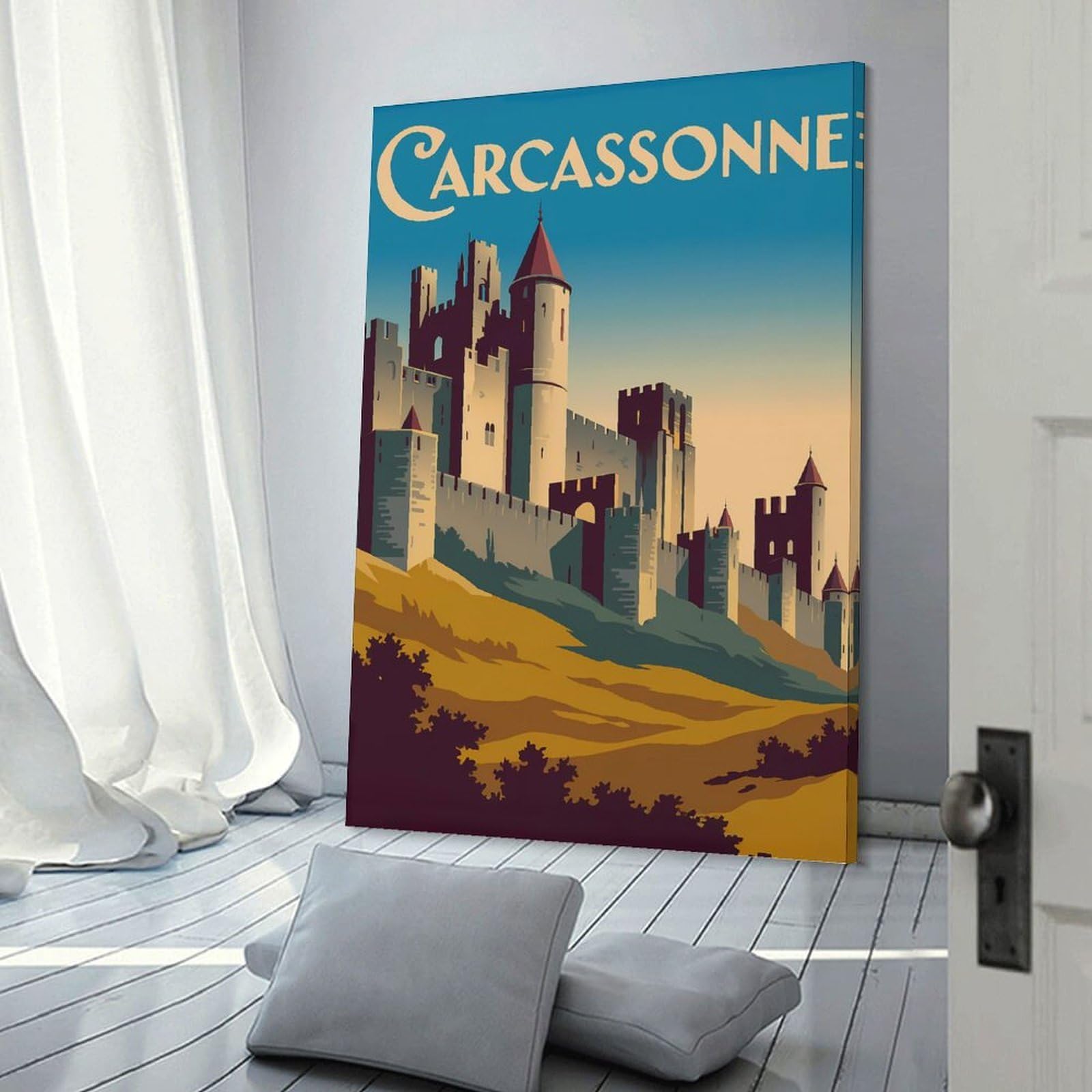 Junmoney Carcassonne Castle Vintage Travel Decorative Canvas Print, 24x36inch(60x90cm), for Study, Office Or Focused Interiors, Canvas Wall Decor for Creative Rooms