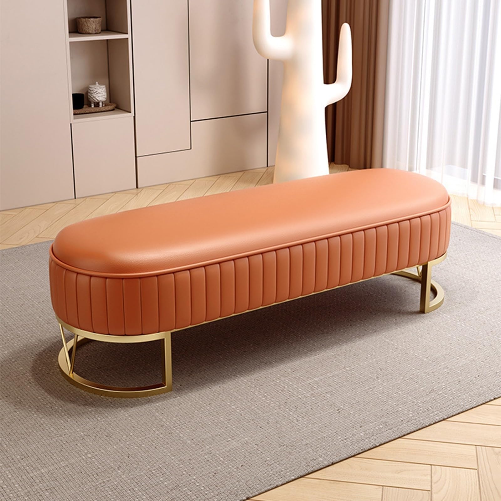 Banc à chaussures ottoman orange 80cm en cuir PU bout de lit charge 150 kg