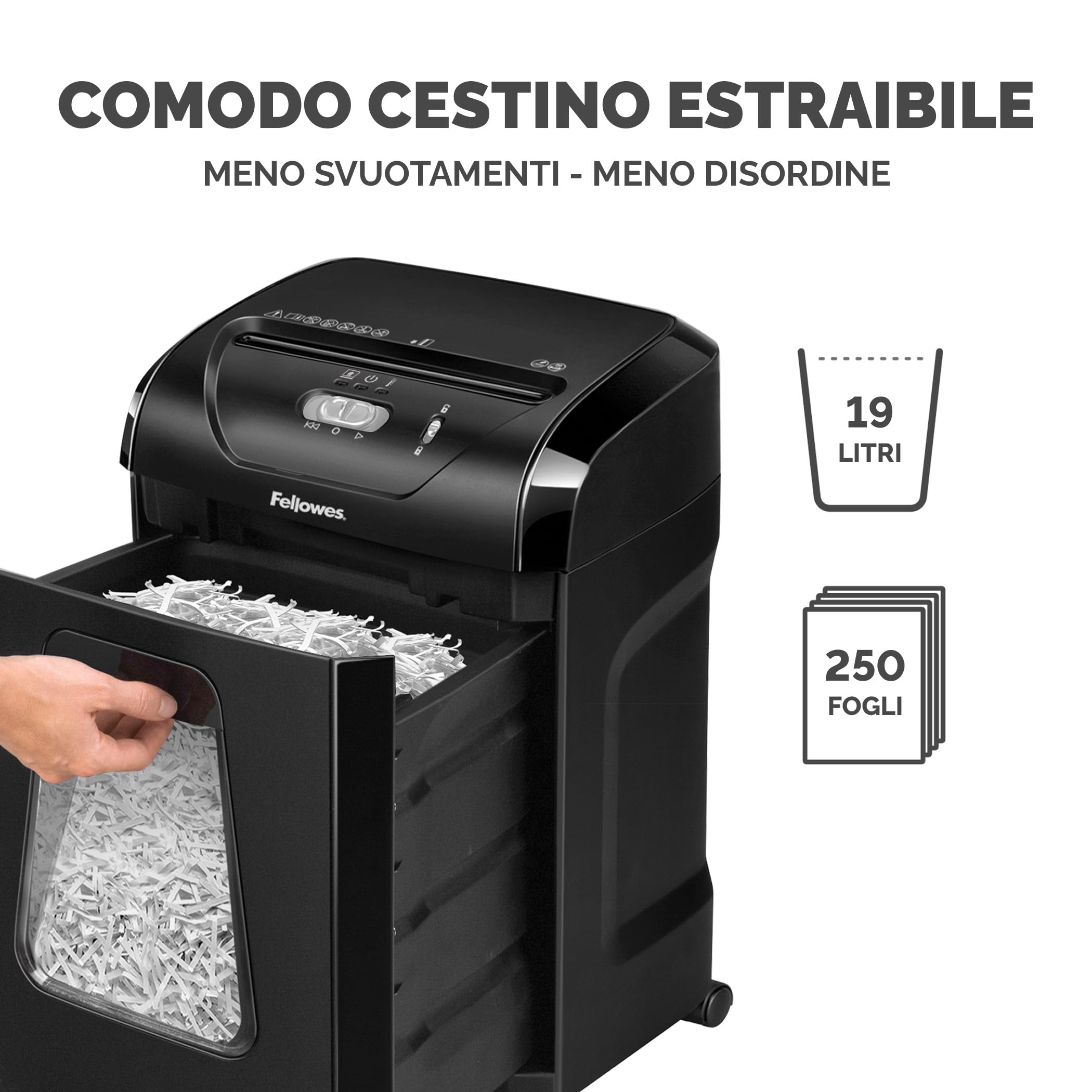 Fellowes FS-15C Distruggidocumenti, Taglio Incrociato, 15 Fogli, P4, Cestello Estraibile 19L, Alta Sicurezza per Casa e Ufficio, Silenzioso e Potente, Nero