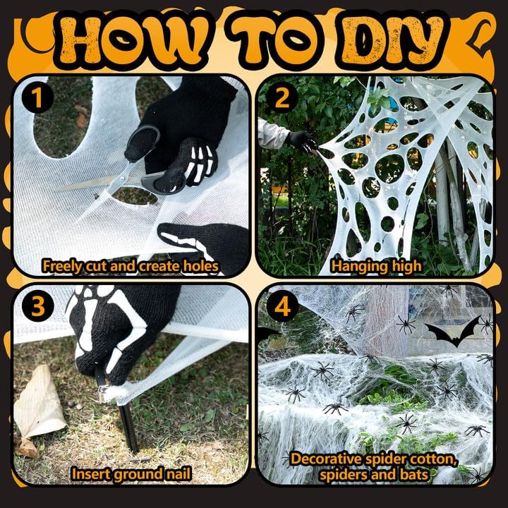 1360平方フィートのカット可能な伸縮性のあるクモの巣ハロウィンデコレーション、ホワイトジャイアントアウトドアビーフネッティングハロ