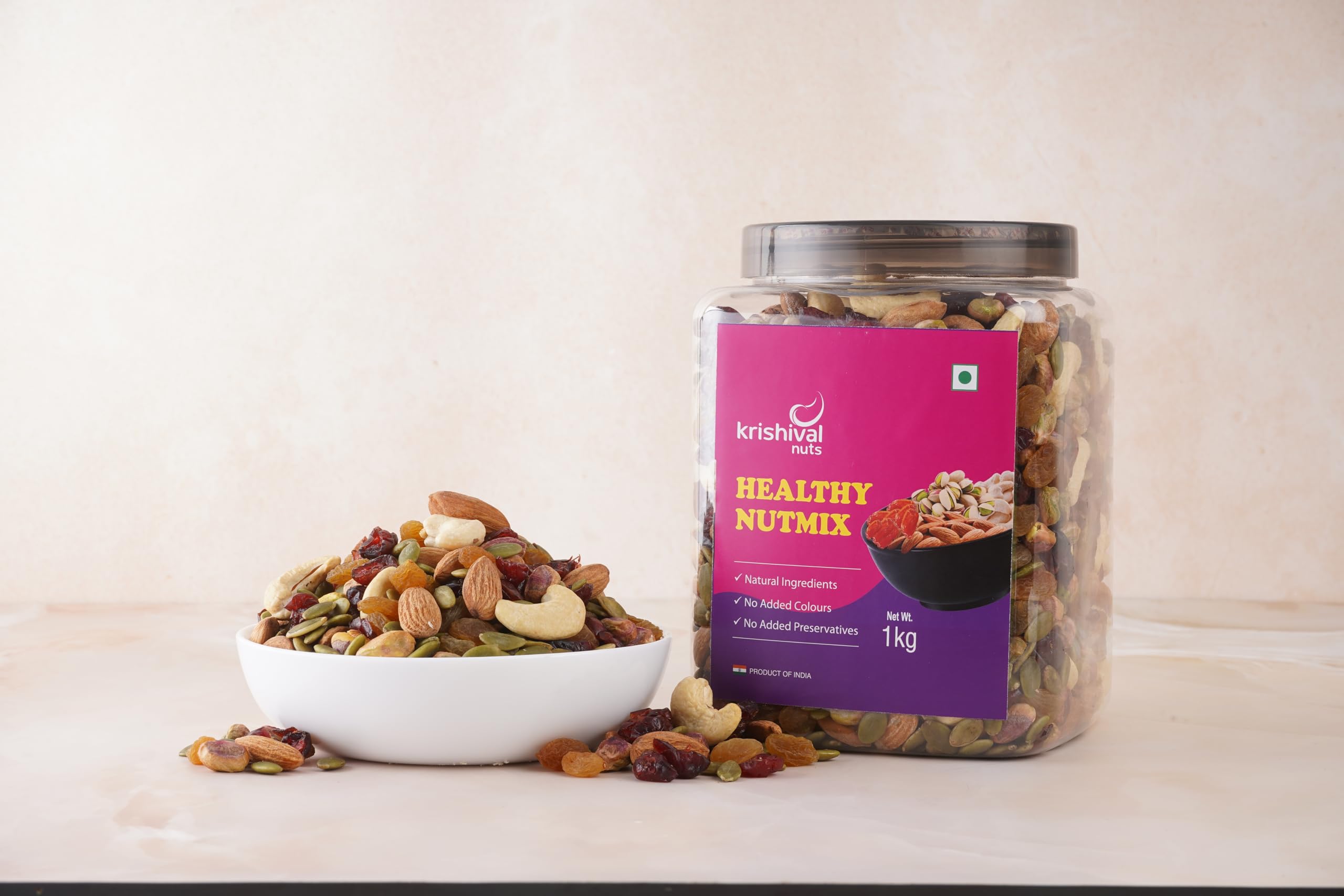 Krishival Nuts Healthy Nut Mix | Premium Trail Mix | Mixed Seeds with Dry Fruits | Almonds | Cashews | Pistachios | Pumpkin Seeds | Raisins | Cranberries, Reusable Jar (200 Grams, Jar)