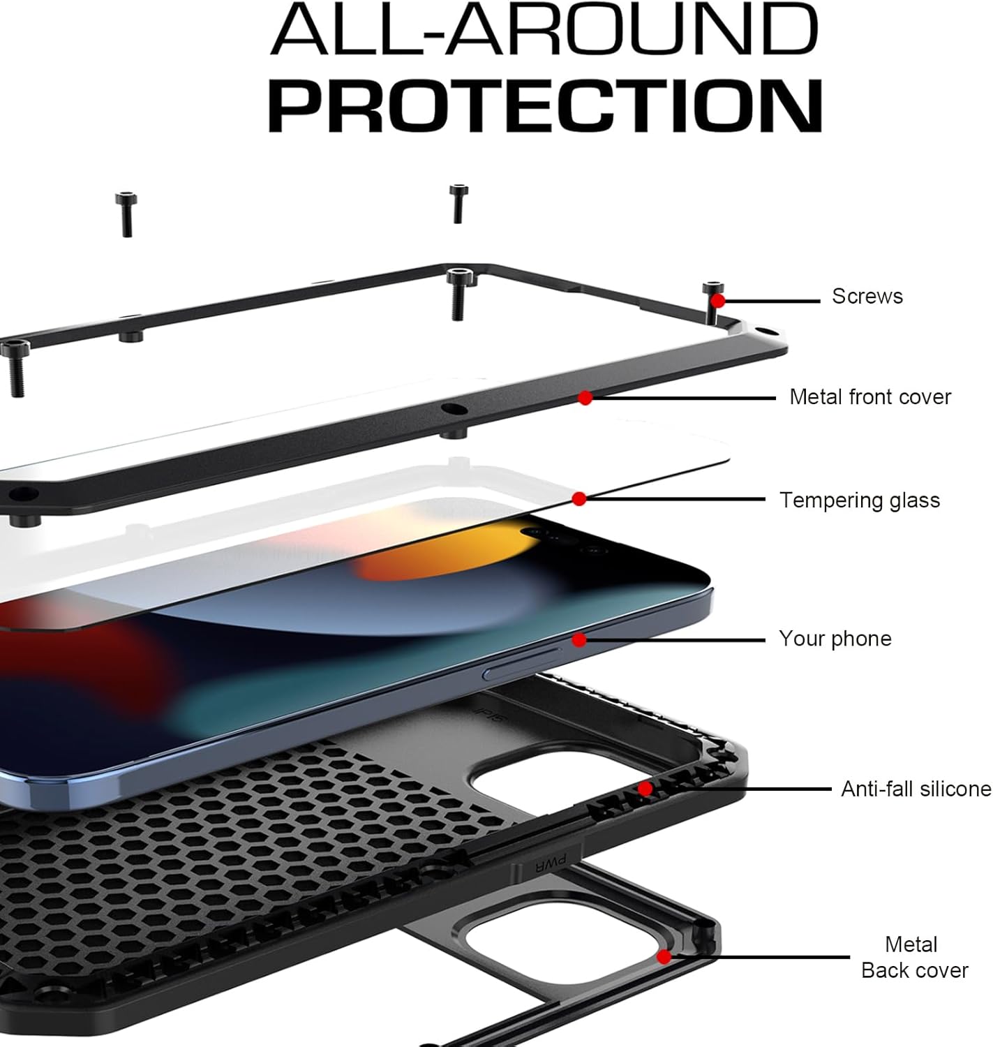 Marrkey Compatiable with iPhone 15 Case,360 Full Body Protective Cover Heavy Duty Shockproof Tough Armour Aluminum Alloy Metal Case with Silicone Built-in Screen Protector - Black - Image 9