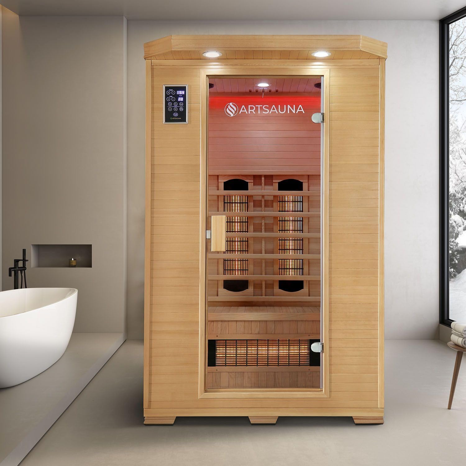 Artsauna Infrarotkabine Oslo - Wärmekabine Vollspektrumstrahler für 2 Personen - LED-Farblichttherapie - Infrarotsauna 120x100 cm aus Hemlockholz