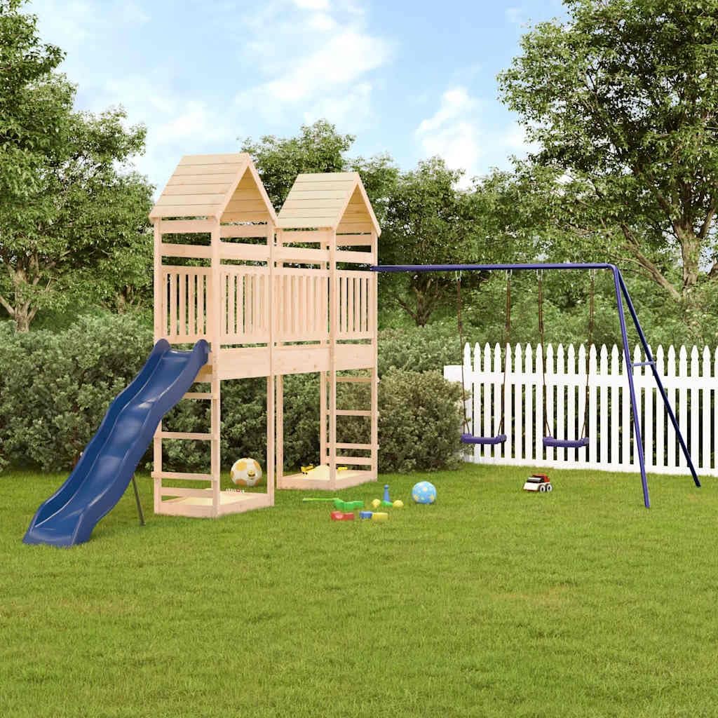 Natural Wood Solid Pine Wood Large Outdoor Playset with Wave Slide and Two Saddle Swings for Backyard, Durable Rustic Traditional Playground Set for Active Play, Entertains