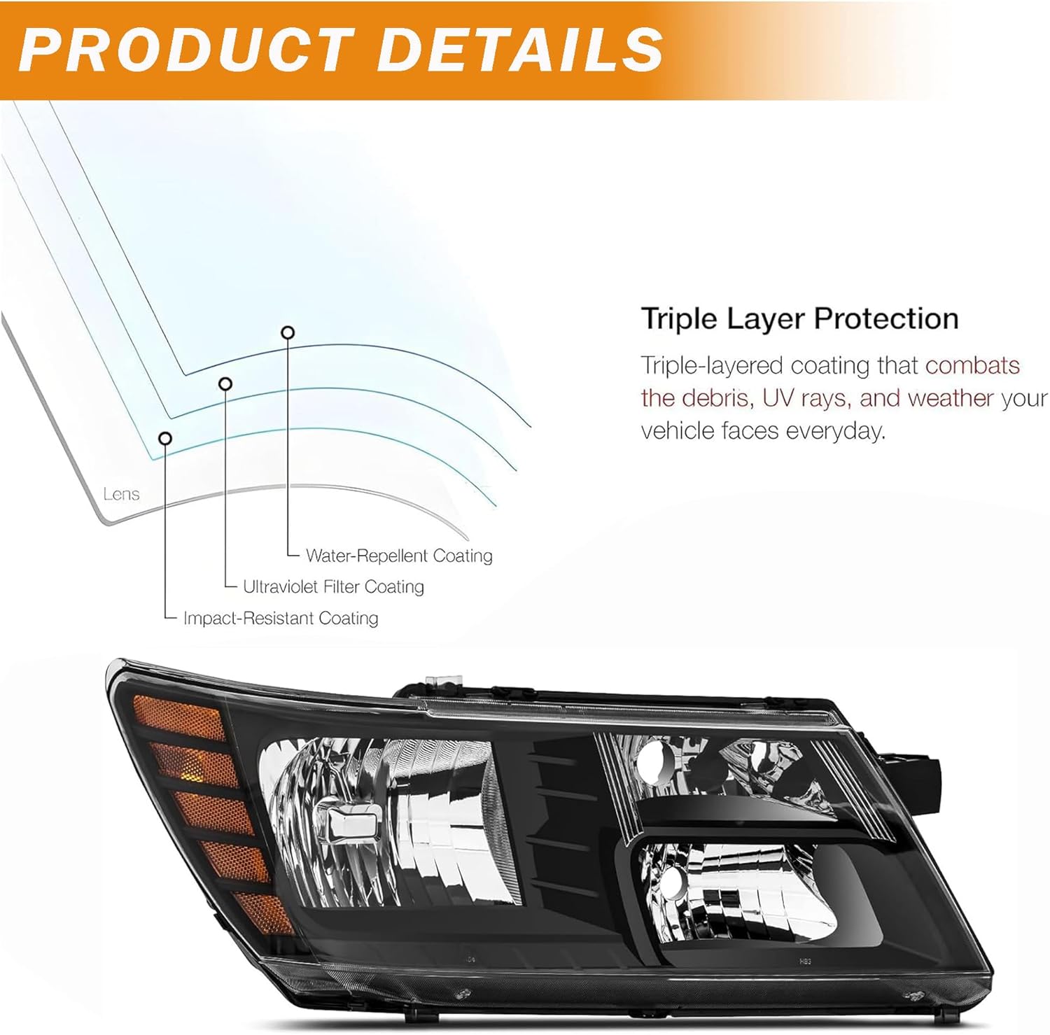 Headlights Assembly compatible with 2009-2020 Dodge Journey SUV Halogen Headlamp Head light,Black Housing Amber Side