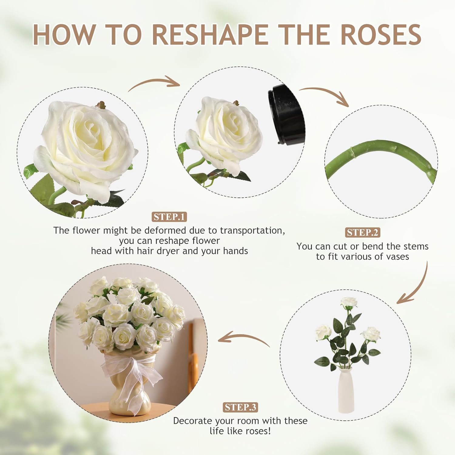 Kisflower 60 Pcs White Roses Artificial Flowers Bulk, Silk Roses with Stem Realistic White Artificial Roses for Decoration DIY Wedding Bouquet Bridal Shower Party Home Table Centerpieces Decor (White)