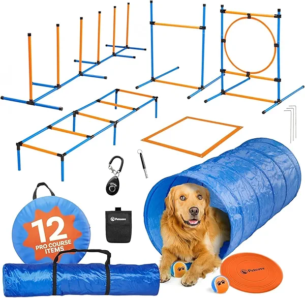 PetCove Dog Agility Obstacle Course Set for Backyard Training and Jumps - Dog Agility Course Backyard Set for Training Sessions & Competitions - Exercise Equipment with Tunnel