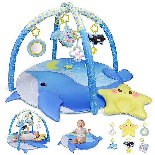 Dr.Rapeti 31x31inch Baby Play Mat, Activity Baby Play Gym with Arch, Playmats & Floor Gyms, Detachable Mirror and Squeaky Soft Set, Thick Non-Toxic Playmats