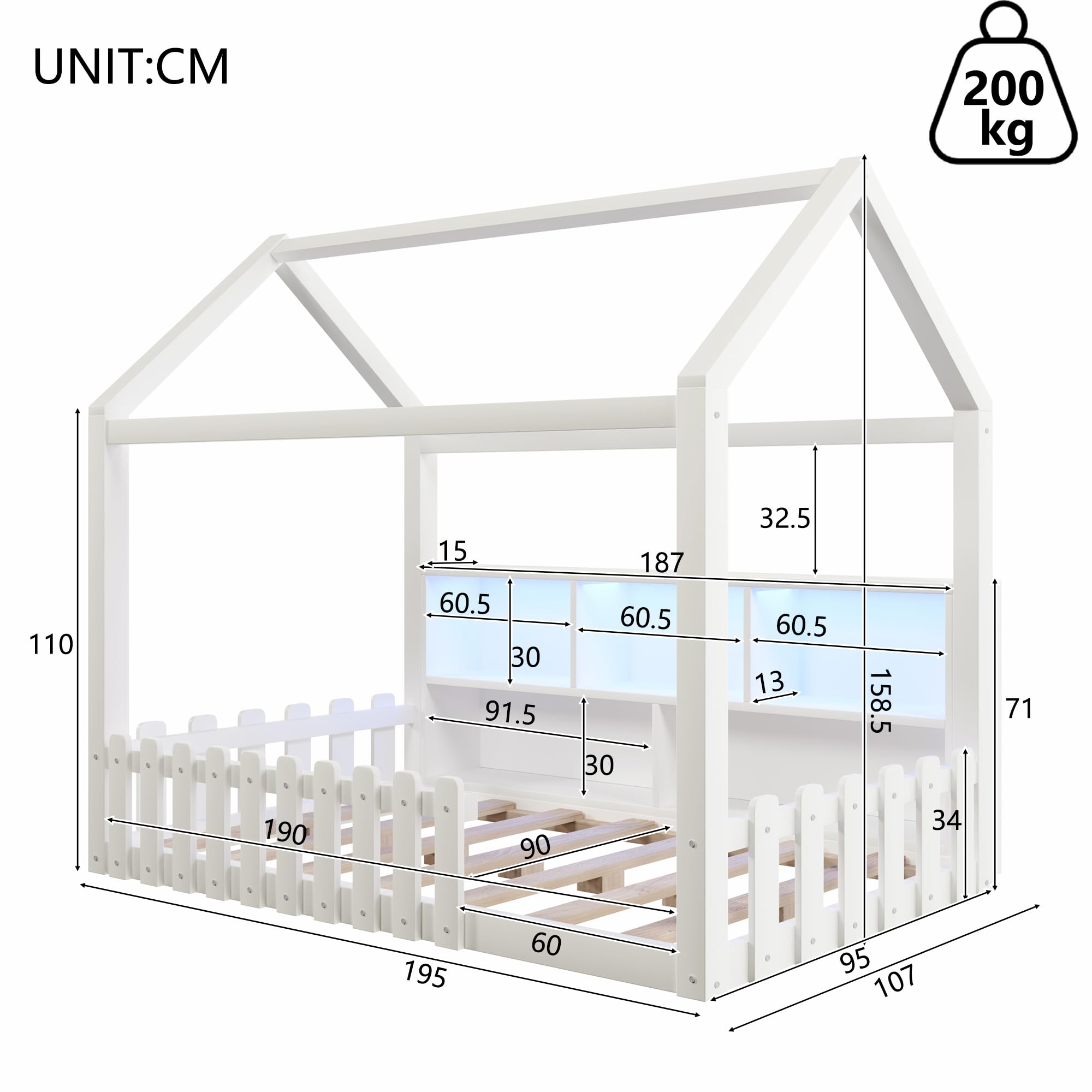 Lit cabane Enfants 90x190 cm avec LED,lit Enfant avec Barriere,lit Enfant cabane lit au Sol Enfant,Compartiments de Rangement Ouverts, Design Maison,Bande de Maison,Bois de pin,Blanc