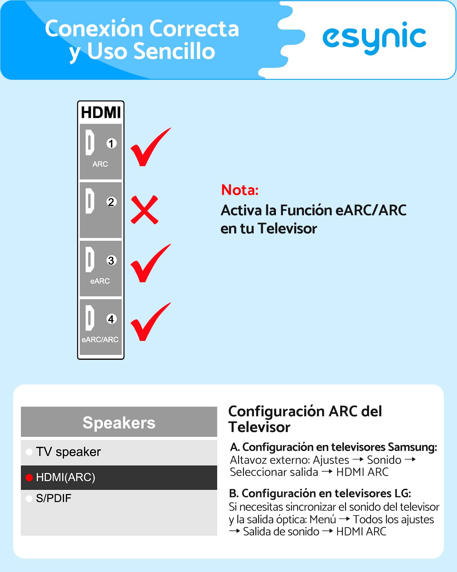 eSynic Cable HDMI eARC ARC a RCA Adaptador Audio TV a Amplificador Extractor Audio HDMI ARC a RCA Estéreo PCM Convertidor HDMI ARC Adapter con Control CEC para Altavoces Activos 1.5m USB Plug and Play