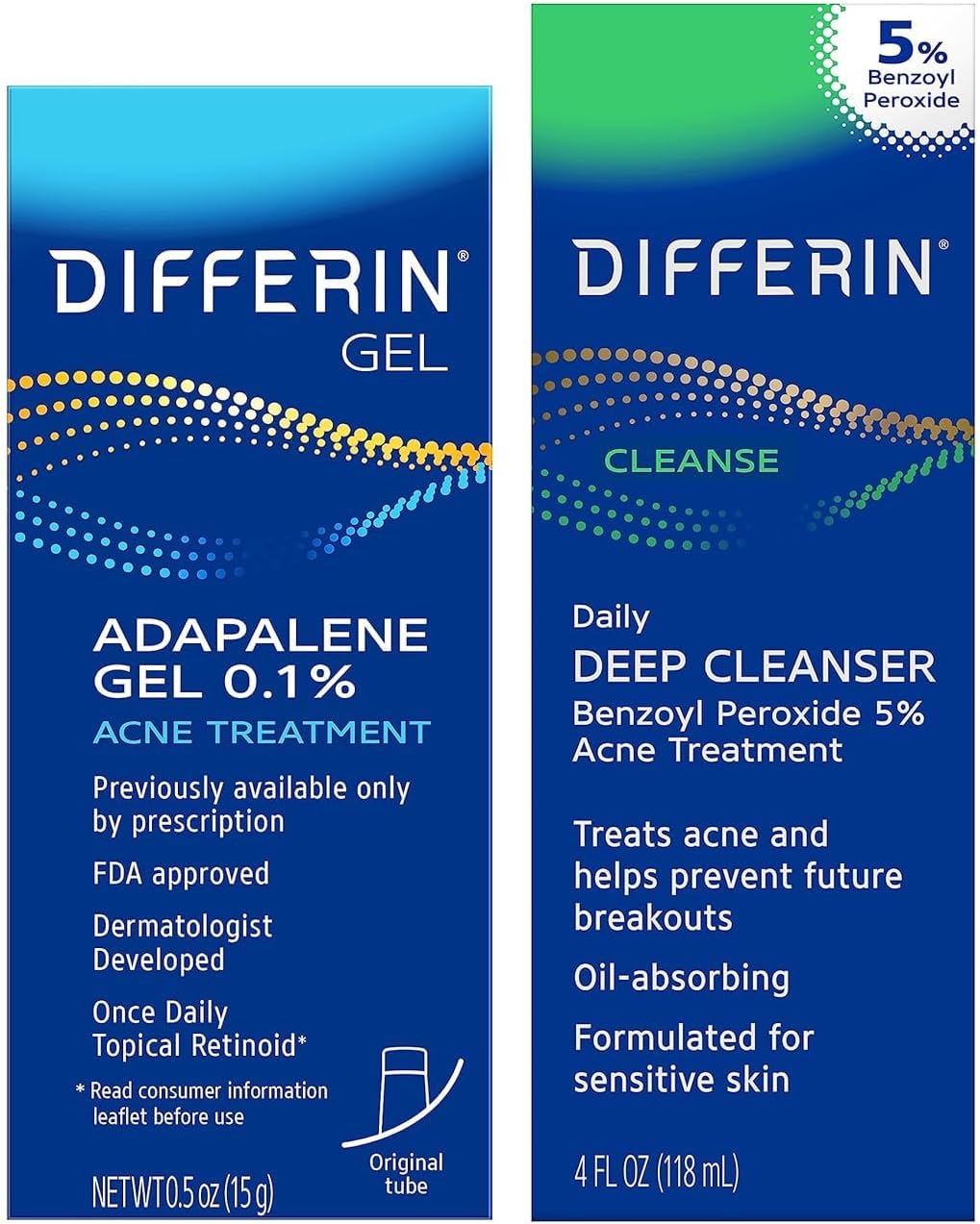 Acne Skin Care Kit, Differin Gel Retinoid Acne Treatment for Face with 0.1% Adapalene & 5% Benzoyl Peroxide Face Wash & Body Wash, Designed for Pimple and Acne Prone Skin