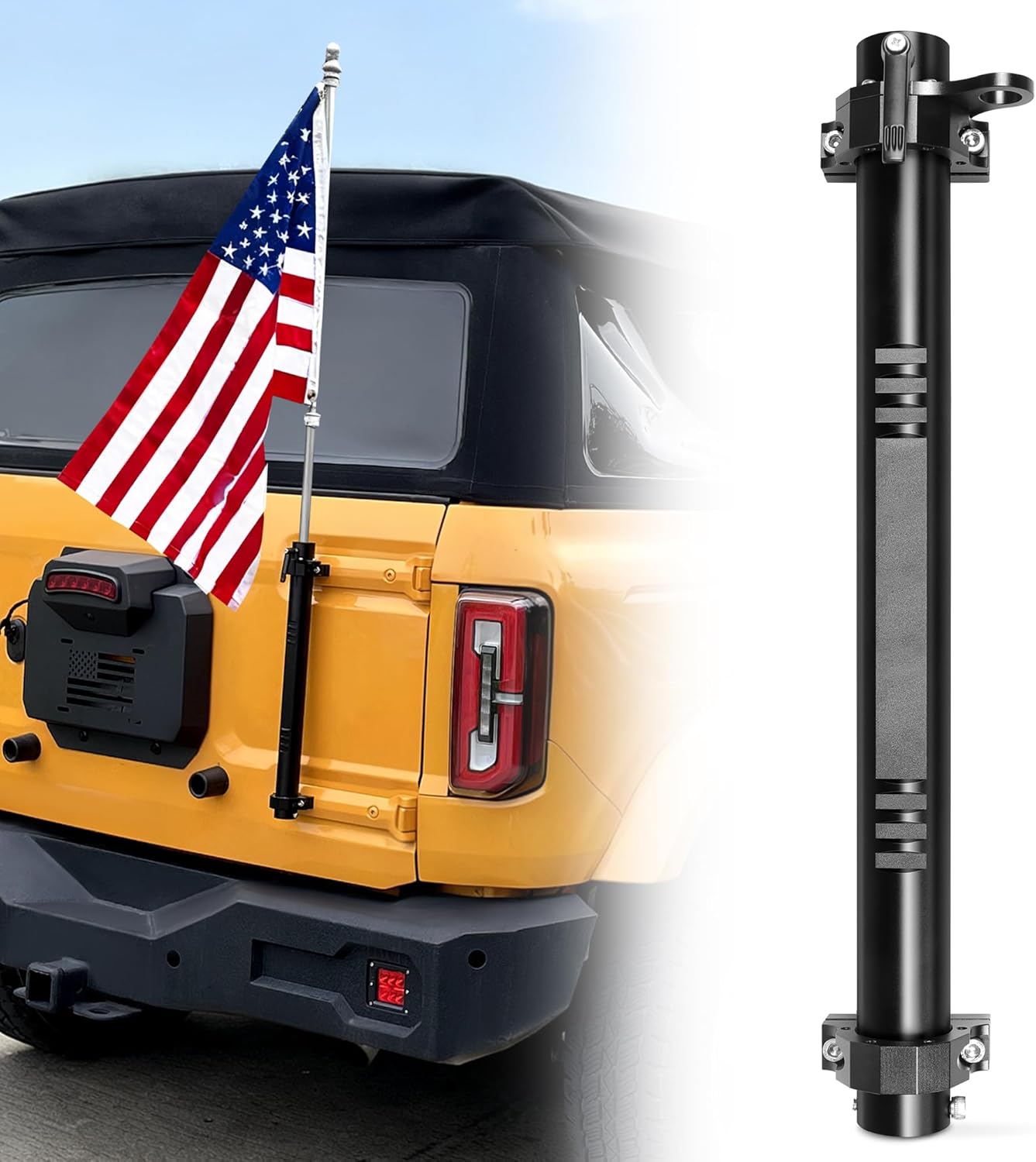 Flag Mount Flag Pole Holder for 2021-2025 New Ford Bronco 2/4 Door Exterior Accessories Tailgate Hinge Mounted Aluminum Single Flag Pole Mount with CB Antenna Bracket Base