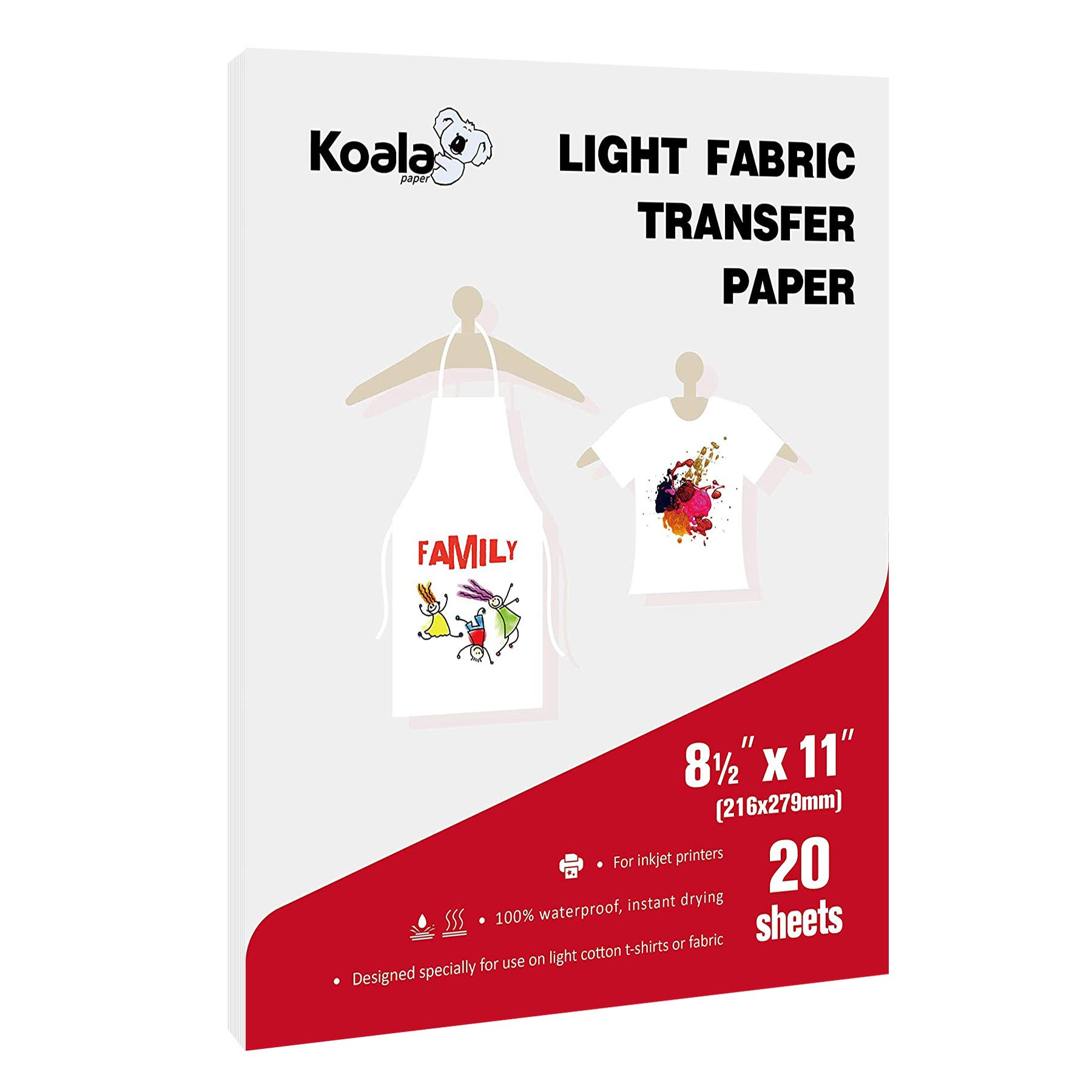 Amazon.com: Koala Iron On Transfer Paper for White or Light Fabrics - 20  Sheets 8.5x11 Inch Printable Heat Transfer Vinyl Paper for Inkjet Printers  to Make Custom T shirts : Everything Else