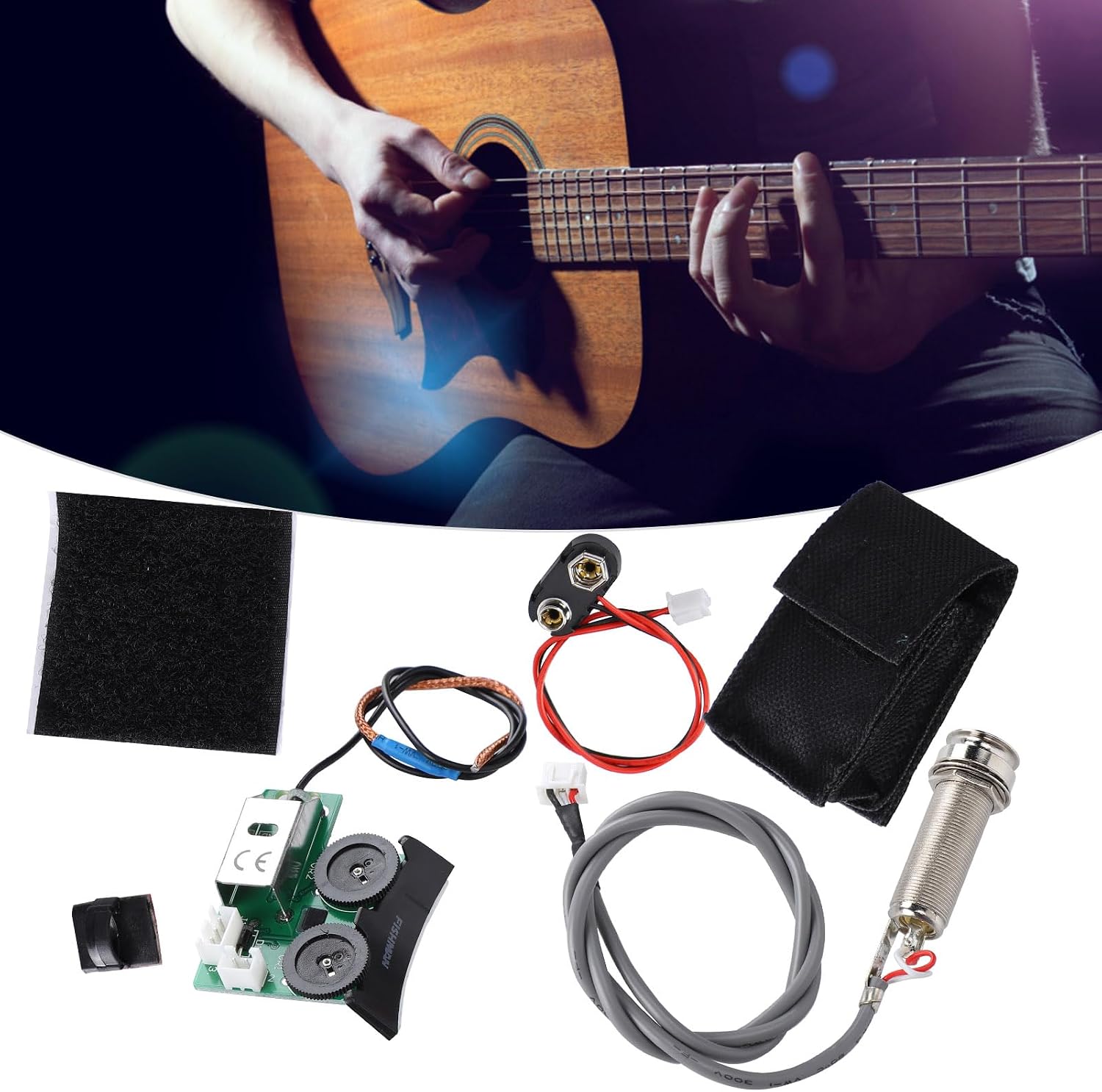 Acoustic Guitar Pickup System, VT1 Tail Nail Pre Wired Plug and Play Pickup with Low Battery Indicator and Preamplifier for DIY Guitar Accessory