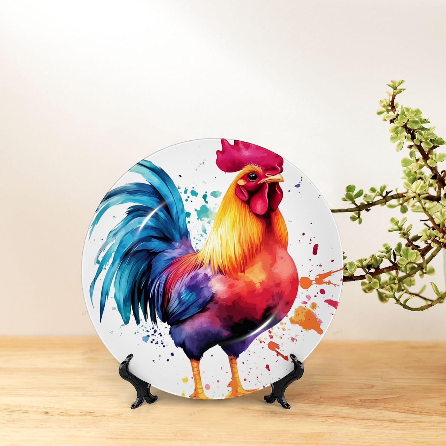 Watercolor Rooster Style Ceramic Plate Display Home Display With Stand Wall Hanging Plate For Home Decor 10 Inch