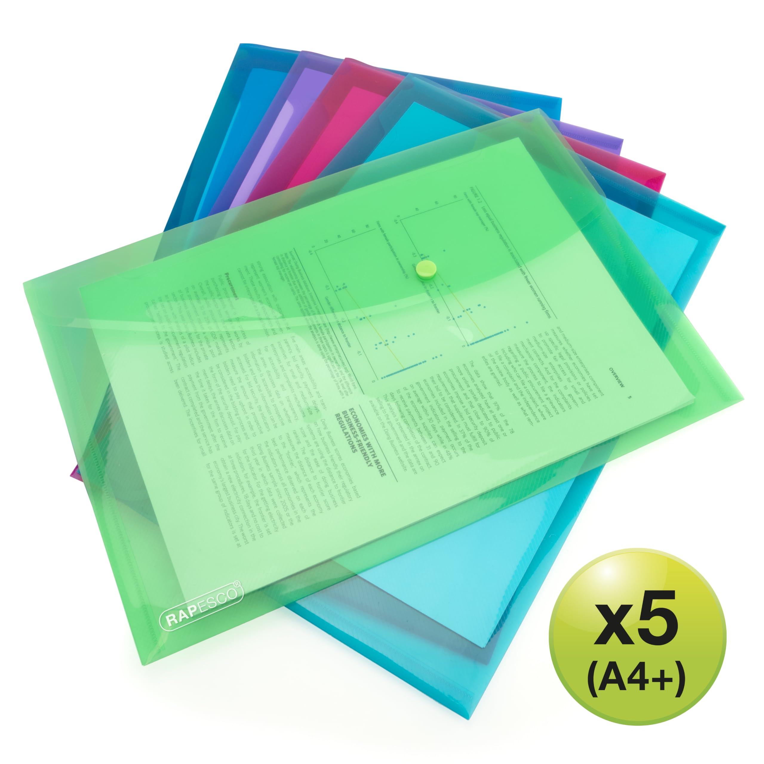 Rapesco 1839 ECO Carpeta Sobre Portafolios con Broche, Material Reciclado, A4+, Colores Surtidos Transparentes, Paquete de 5