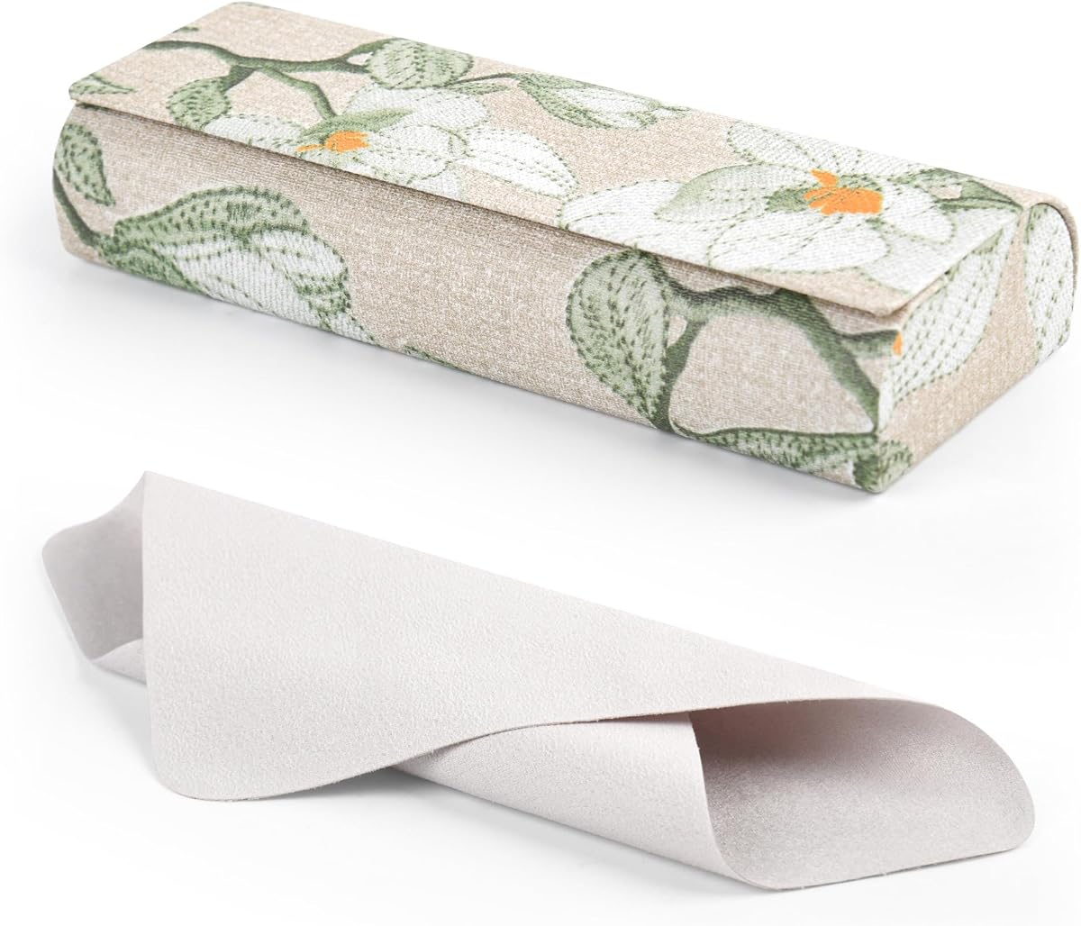 Glasses Case Hard Shell, PU Leather Floral Eyeglass Case | Sturdy Metal Frame, Secure Magnetic Closure, Compact & Lightweight, Fits Small & Slim Glasses, Cleaning Cloth Included