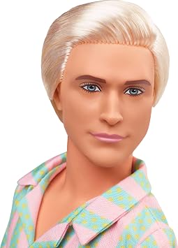 Barbie Movie Ken Doll Pastel Pink and Green Stripe Beach Matching Set with Surfboard and White Sneakers