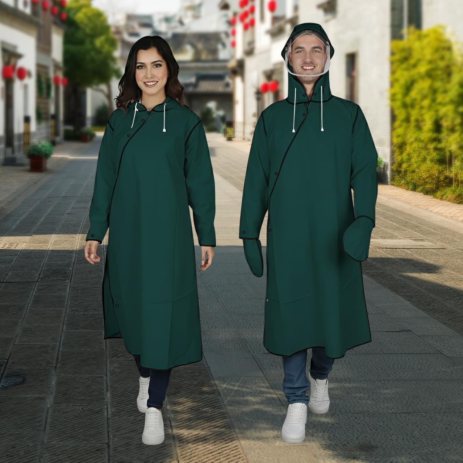Hacer Unisex Rain Poncho 410GSM with Adjustable Hood Full Sleeves Waterproof Lightweight Outdoor Bike Raincoat for Men & Women Camping Hiking and Travelling (XL, Green)