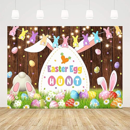 Miniatura 2 de Telón de fondo de búsqueda de huevos de Pascua de 7 x 5 pies, tablero de madera de conejo, conejo, tablero de madera floral, fondo de fotografía