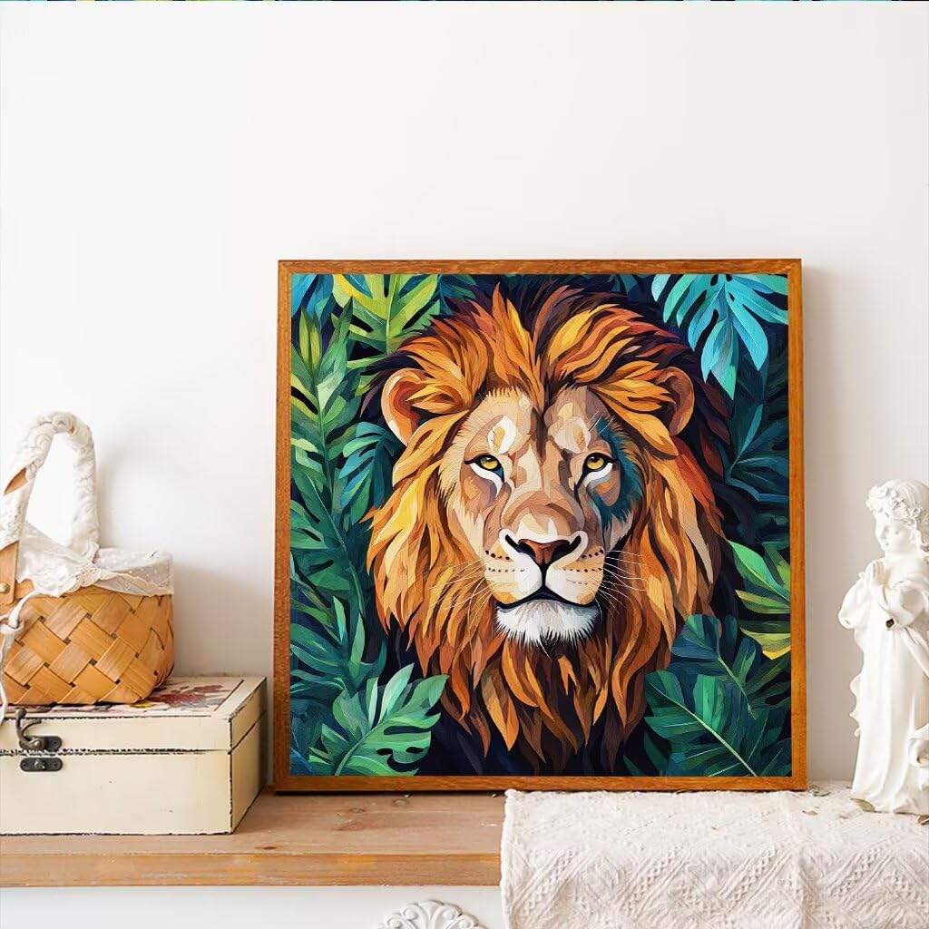 DIY LöWe Diamond Painting Erwachsene, 5D Dschungel Diamant Painting Bilder Kinder Anfänger, Mosaik Bastelset Erwachsene Diamanten Malerei Stickerei Kreuzstich Geschenk Home Wand Dekor 80x80 cm V-997