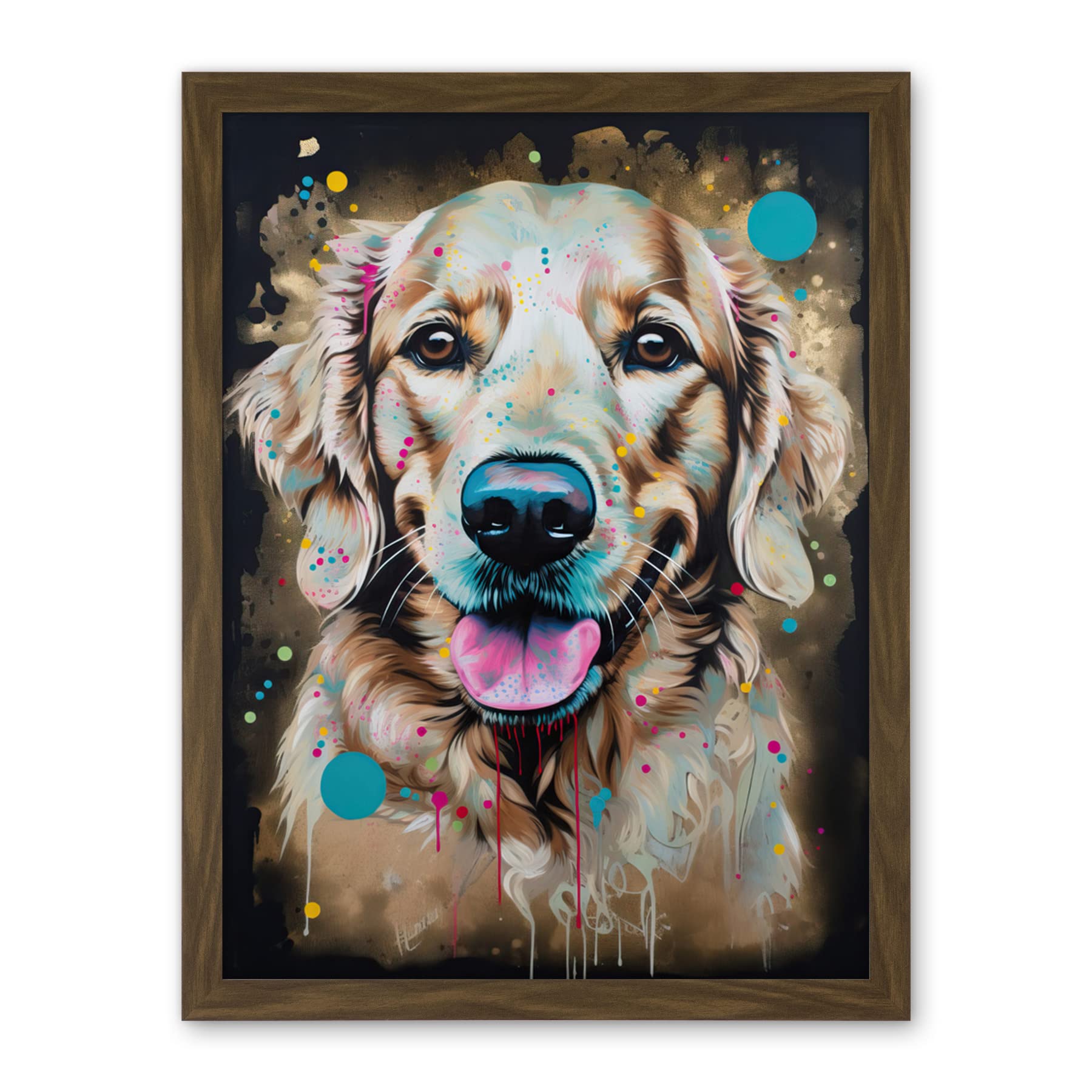 Artery8 Happy Smiling Golden Retriever Dog Portrait Artwork Framed Wall Art Print 18X24 Inch