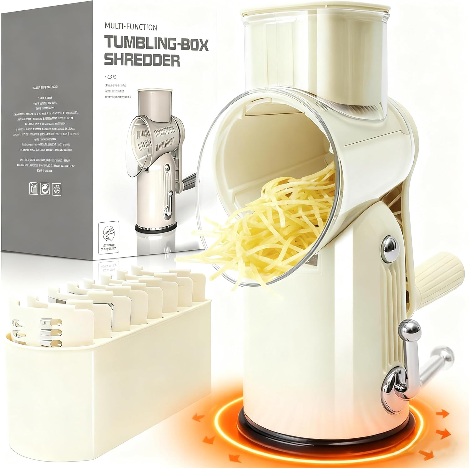5 in 1 Cheese Grater with Rotary Hand Crank - Vegetable Chopper with Replaceable Stainless Blades, Strong Suction Base, Handle, Blade Storage Box, Easy-Clean Multipurpose Kitchen Slicer (Green)