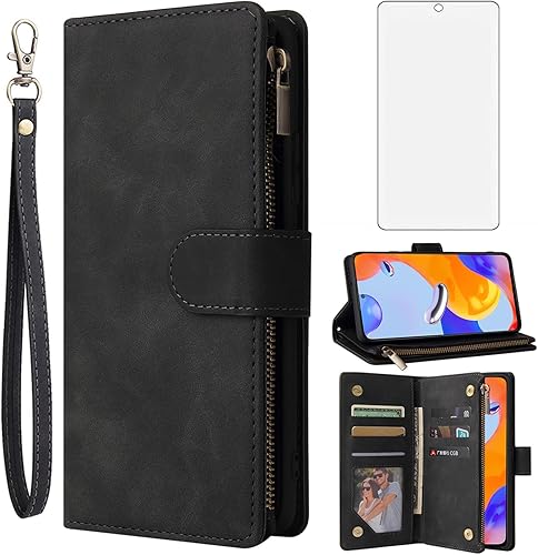 Miniatura 1 de Asuwish Compatible con Xiaomi Redmi Note 11T Pro Wallet Case Protector de pantalla de vidrio templado y funda de cuero con tapa para tarjetero,