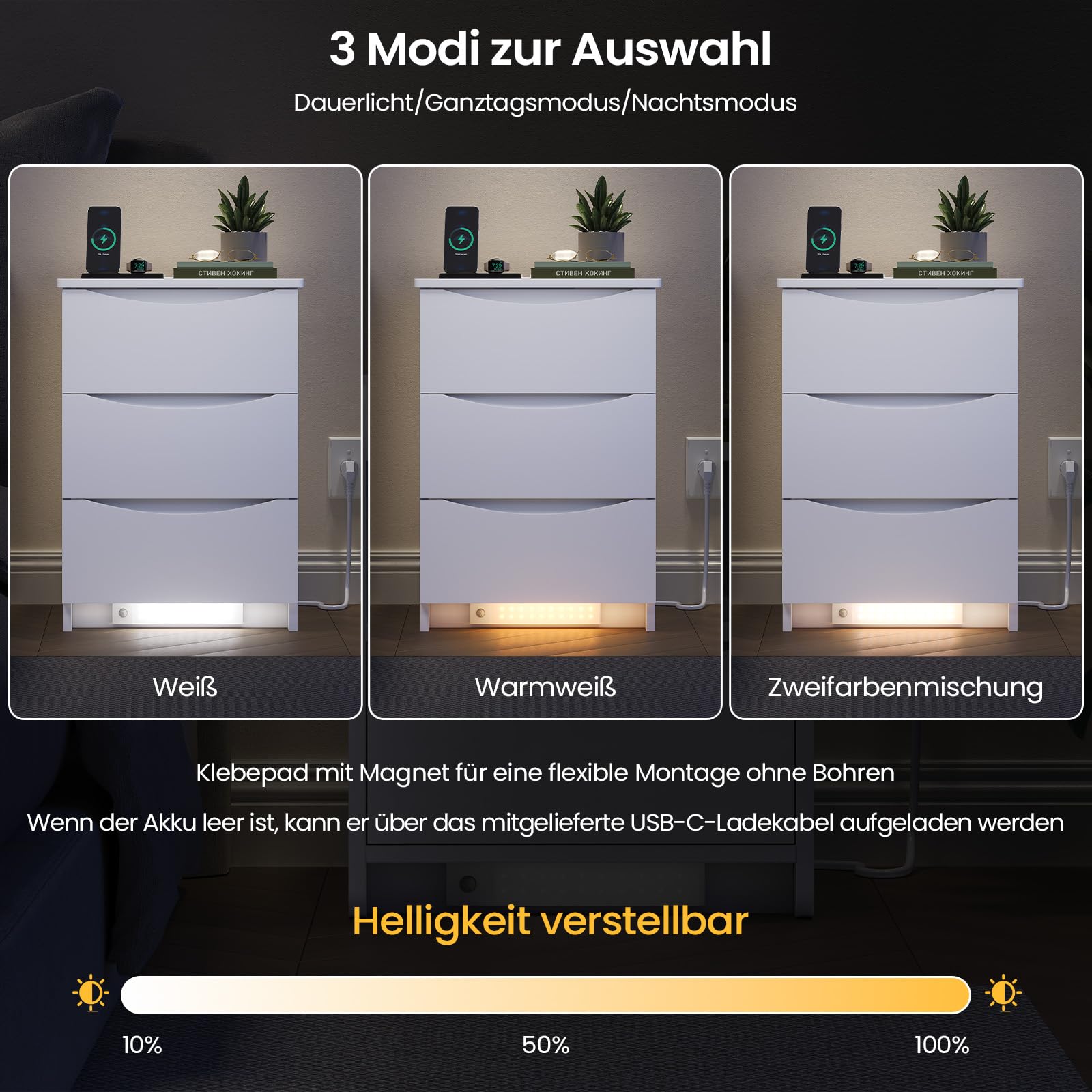 Brinlawb Nachttisch 2er Set mit LED-Beleuchtung und Ladestation (2 AC-Steckdosen & 2 USB-Anschlüsse) Nachtschrank 2er Set mit 3 Schubladen Beistelltisch für Schlafzimmer, Einfache Montage, Wohnzimmer