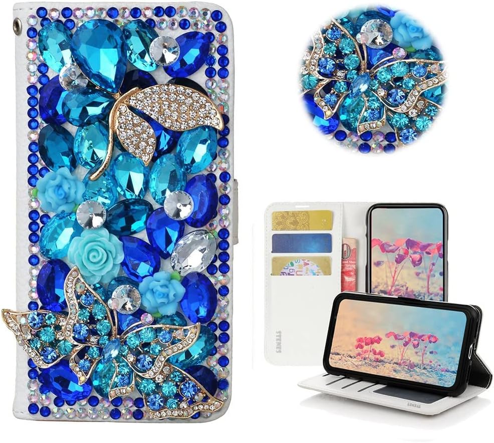 STENES Bling Wallet Phone Case Compatible with Samsung Galaxy Z Fold 5 5G - Stylish - 3D Handmade Pretty Butterfly Flowers Design Leather Girls Women Cover with Neck Strap Lanyard [3 Pack] - Blue