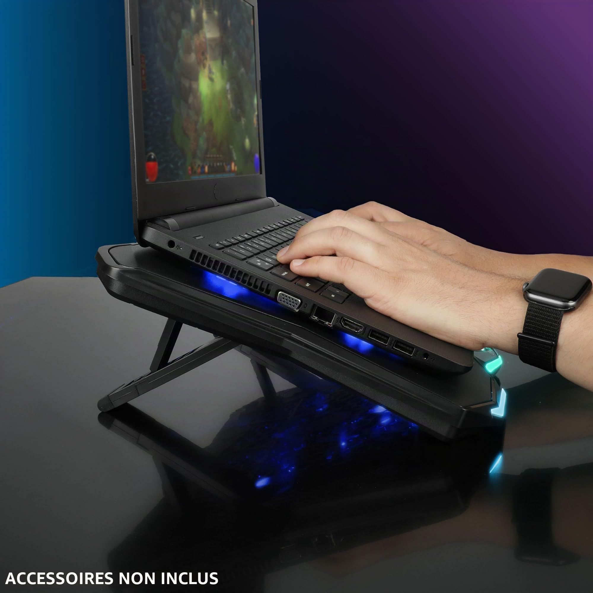ENHANCE Infiltrate 3 Support de Refroidissement pour Ordinateur Portable avec Lumières RVB - Support de Jeu avec 8 Ventilateurs Ultra-Silencieux, 7-Angles Réglables, Double Hub USB, Métal