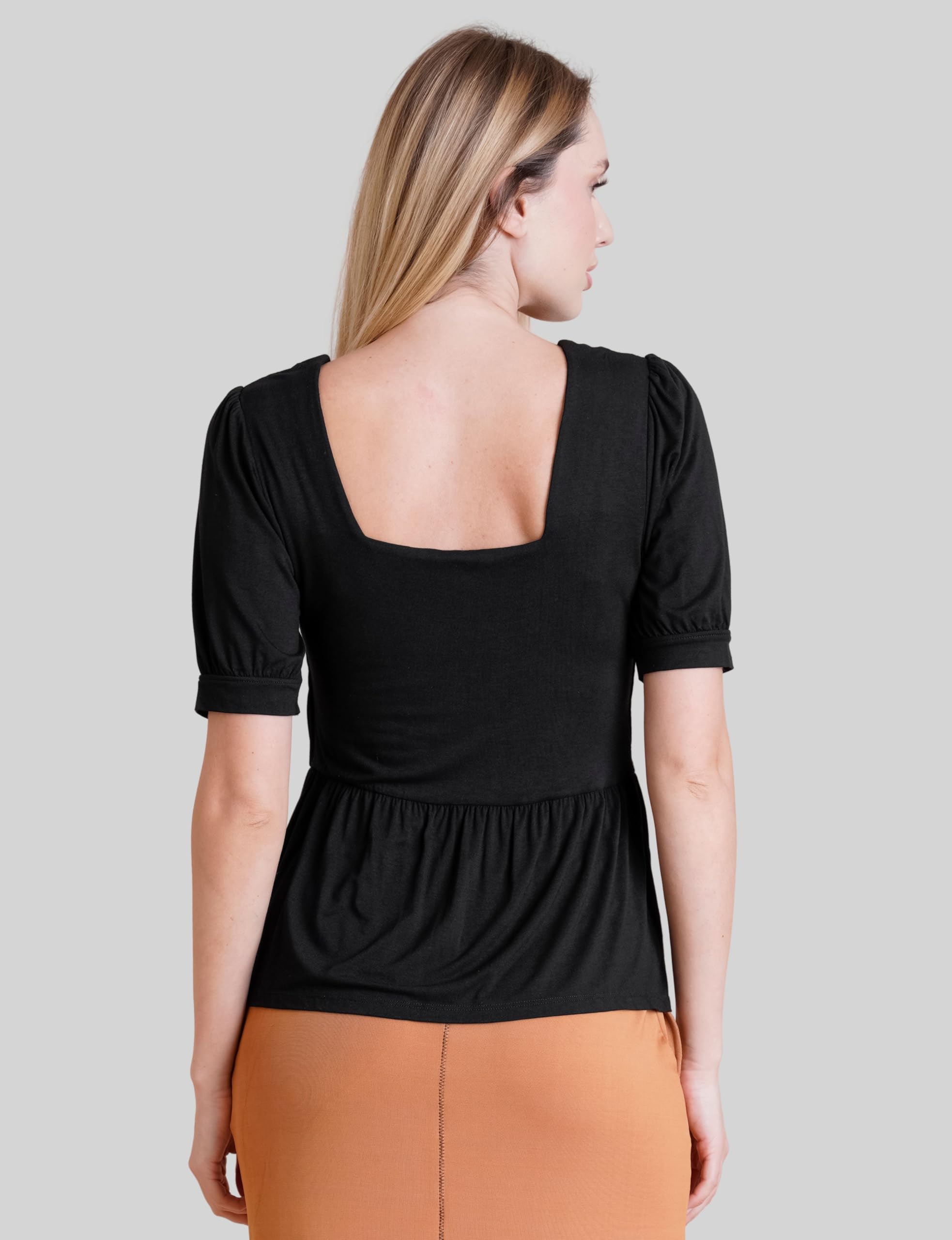 Camicetta da donna con maniche a sbuffo e scollo quadrato, vestibilità aderente, in cotone, con bottoni plissettati sul davanti, in vita arricciata, top estivo casual elegante da indossare