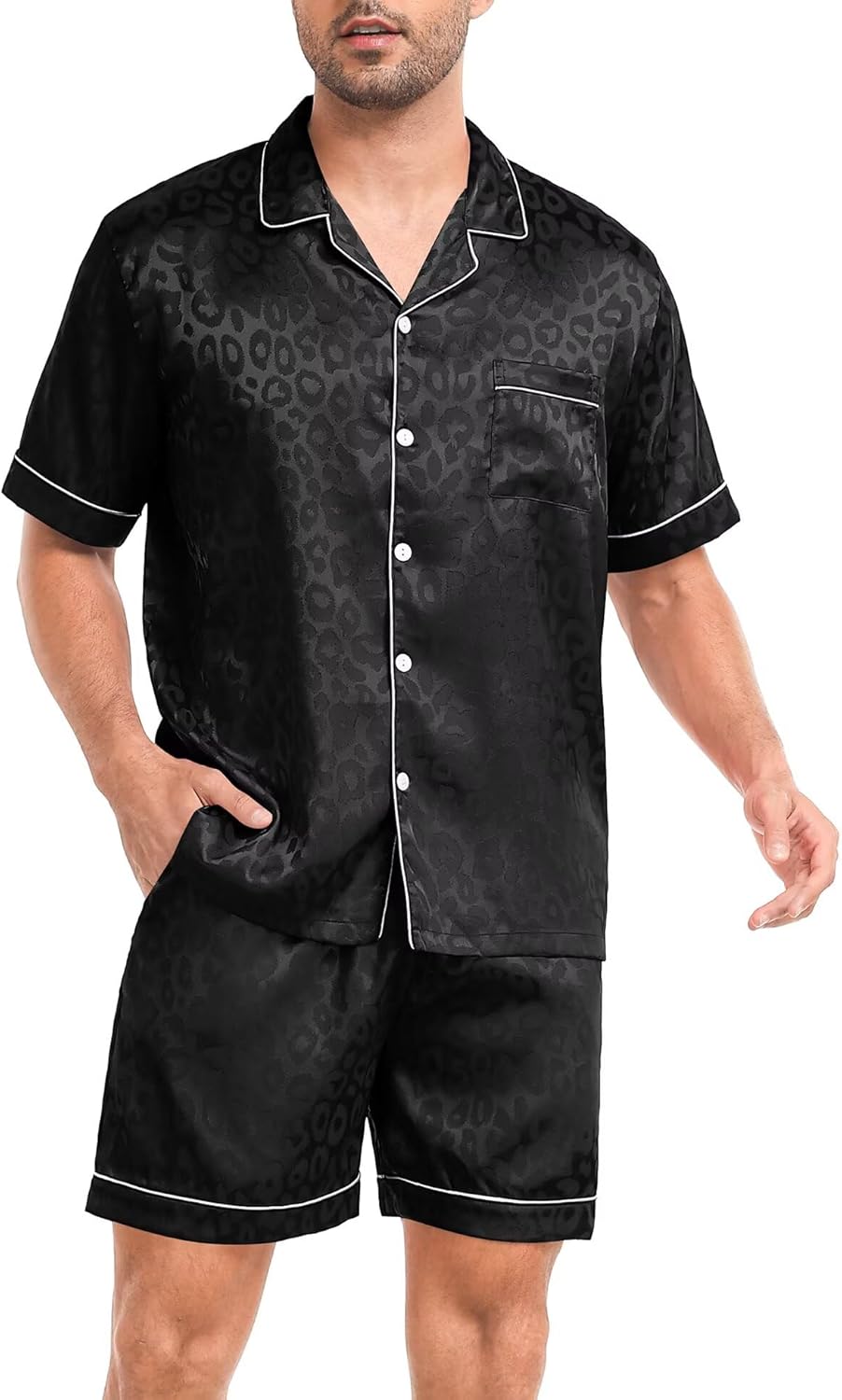 SWOMOG Men Silk Pajama Set Short Sleeve Satin PJs Sets 2 Piece Button Down Sleepwear Soft Summer Loungewear with Pockets - Image 5