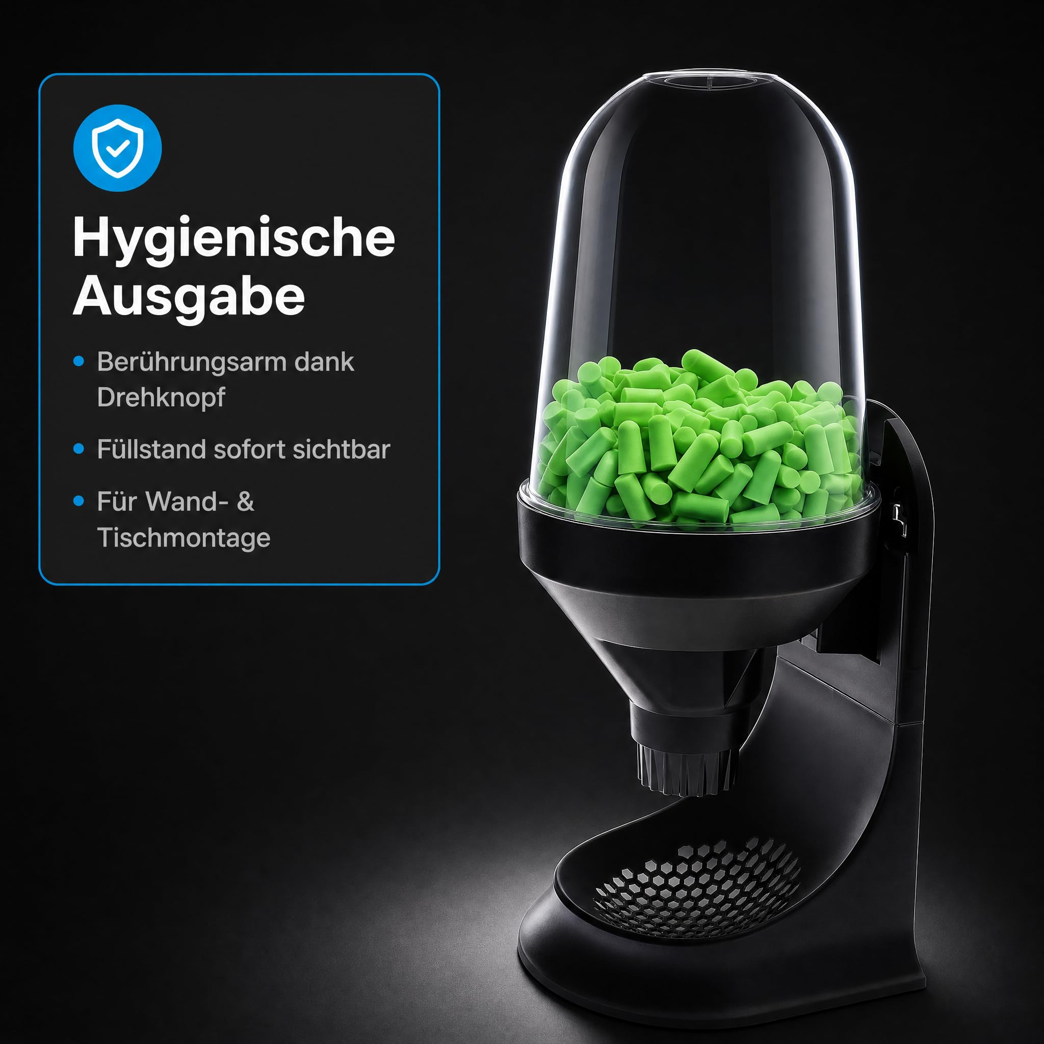 PRO FIT 171 Gehörschutzspender – Station für Ohrstöpsel, Behälter für In-Ear Stöpsel, Aufbewahrung, Wand- & Tischmontage - Füllmenge 300 Stk., Schwarz