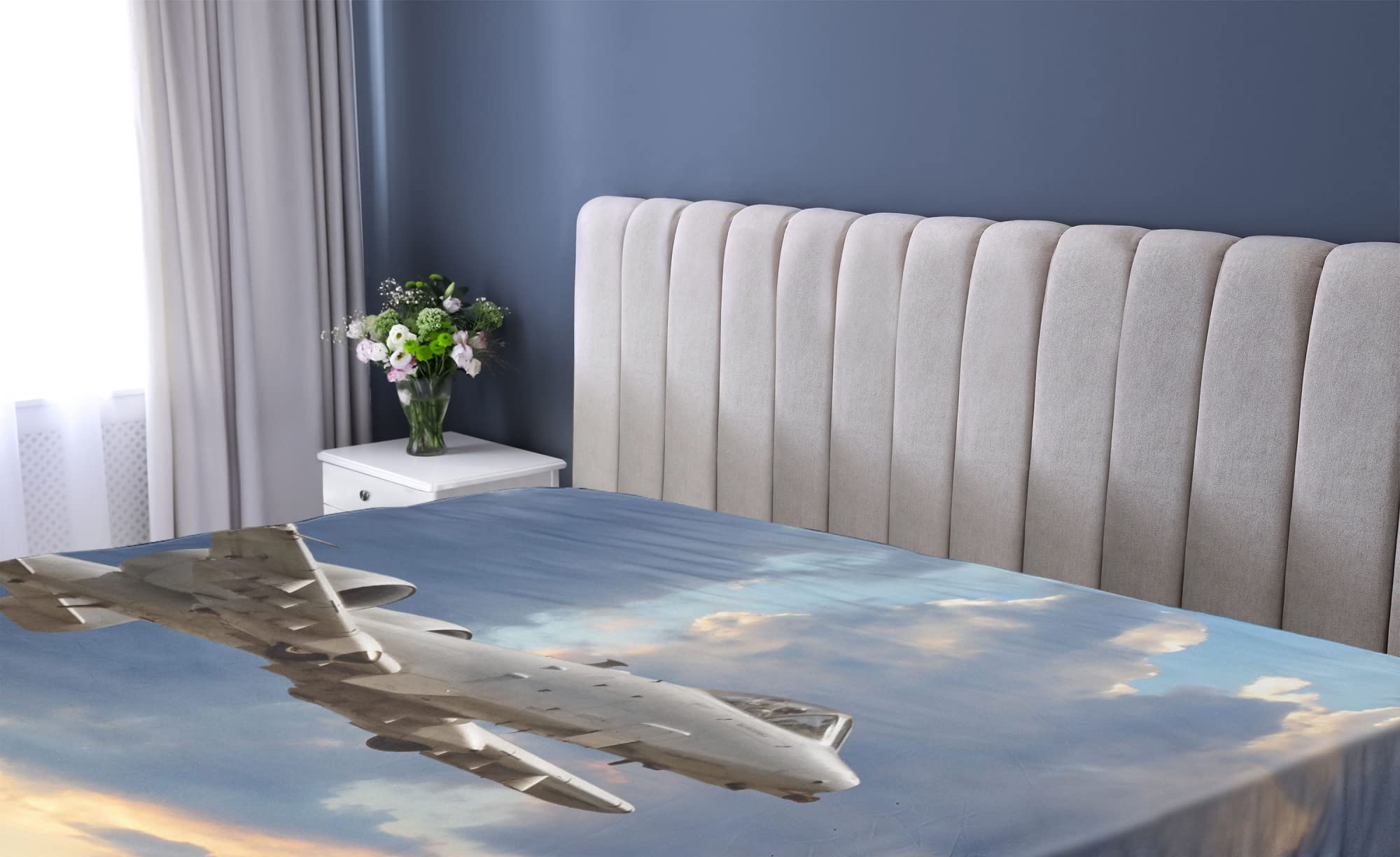 Ambesonne Airplane Fitted Sheet, Peacekeepers Mission Jet up International Flight Picture Aviation Theme Image, Bed Cover with All-Round Elastic Deep Pocket for Comfort, King Size, Blue Peach