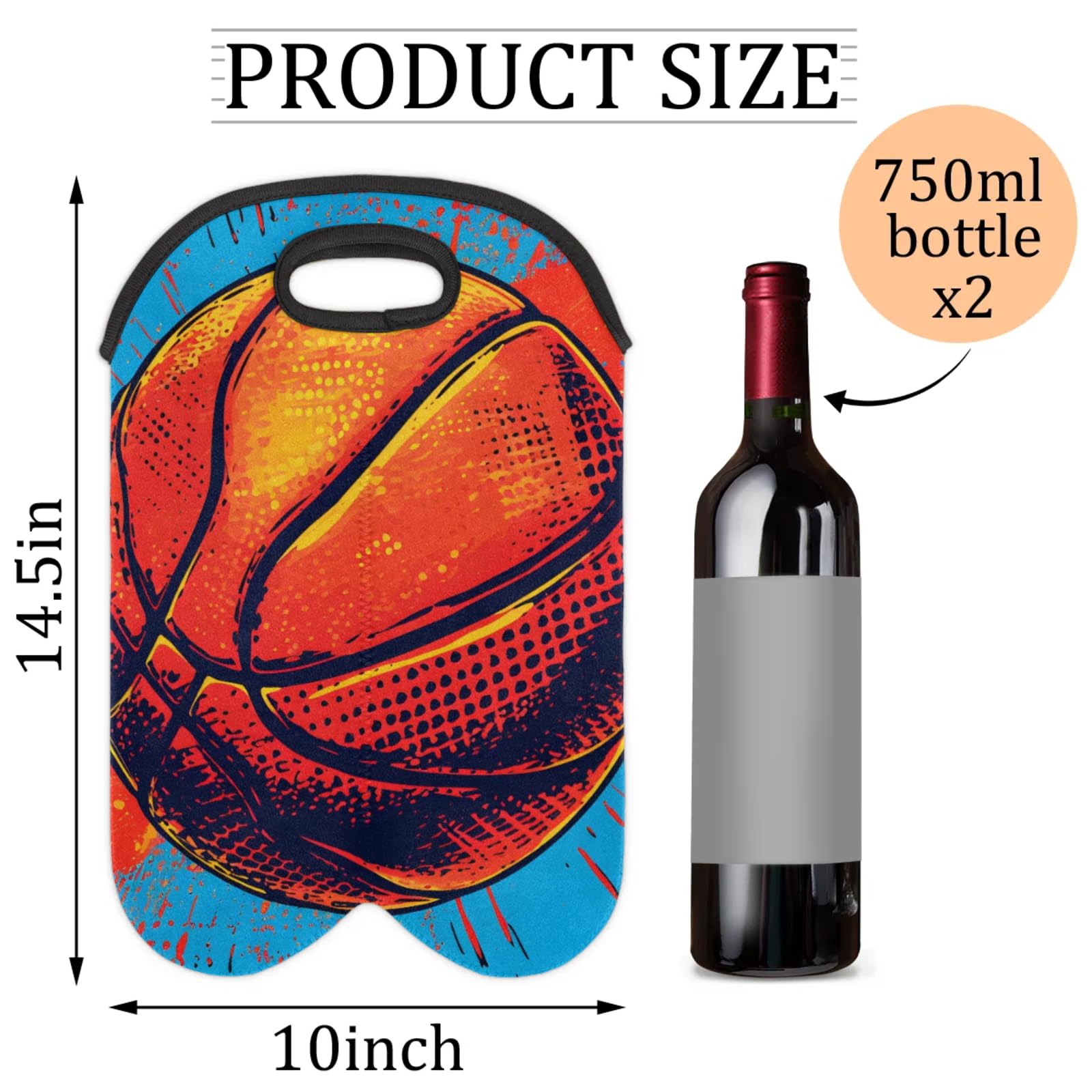 GzLeyigou 2 Bottles Basketball Wine Bag Sleeve Totes Neoprene Protective Wine Carrier Bag for Wine,Water, Champagne, Beer, Baby Bottles,Gift 14.5 x 10 Inches