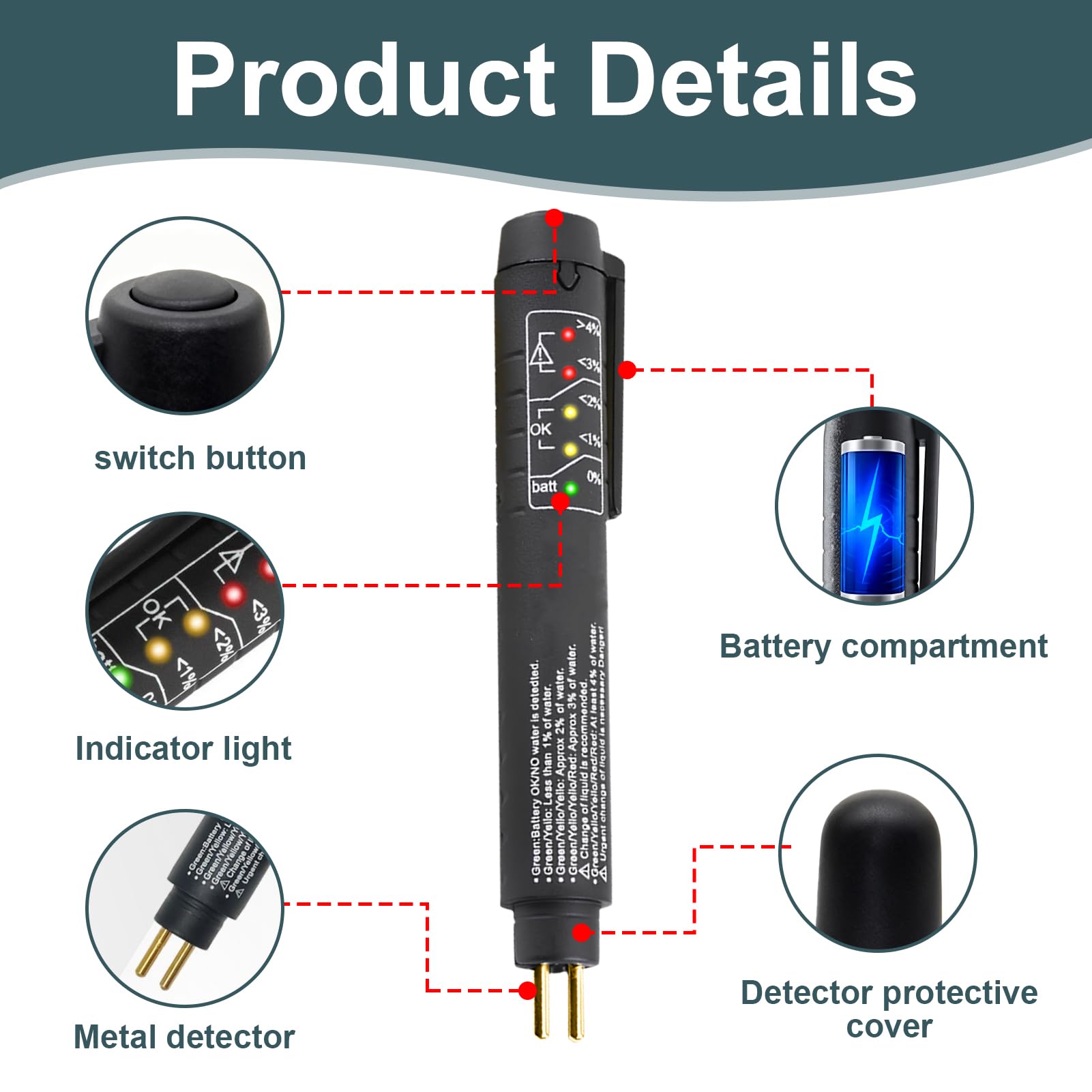 Tester Liquido Freni, Tester Olio Freni Universale con 5 LED Indicatore, Penna per Controllo DOT3 DOT4 DOT5, Rilevatore Contenuto Acqua, Strumento Portatile per Auto Moto Veicoli Officine Meccanici