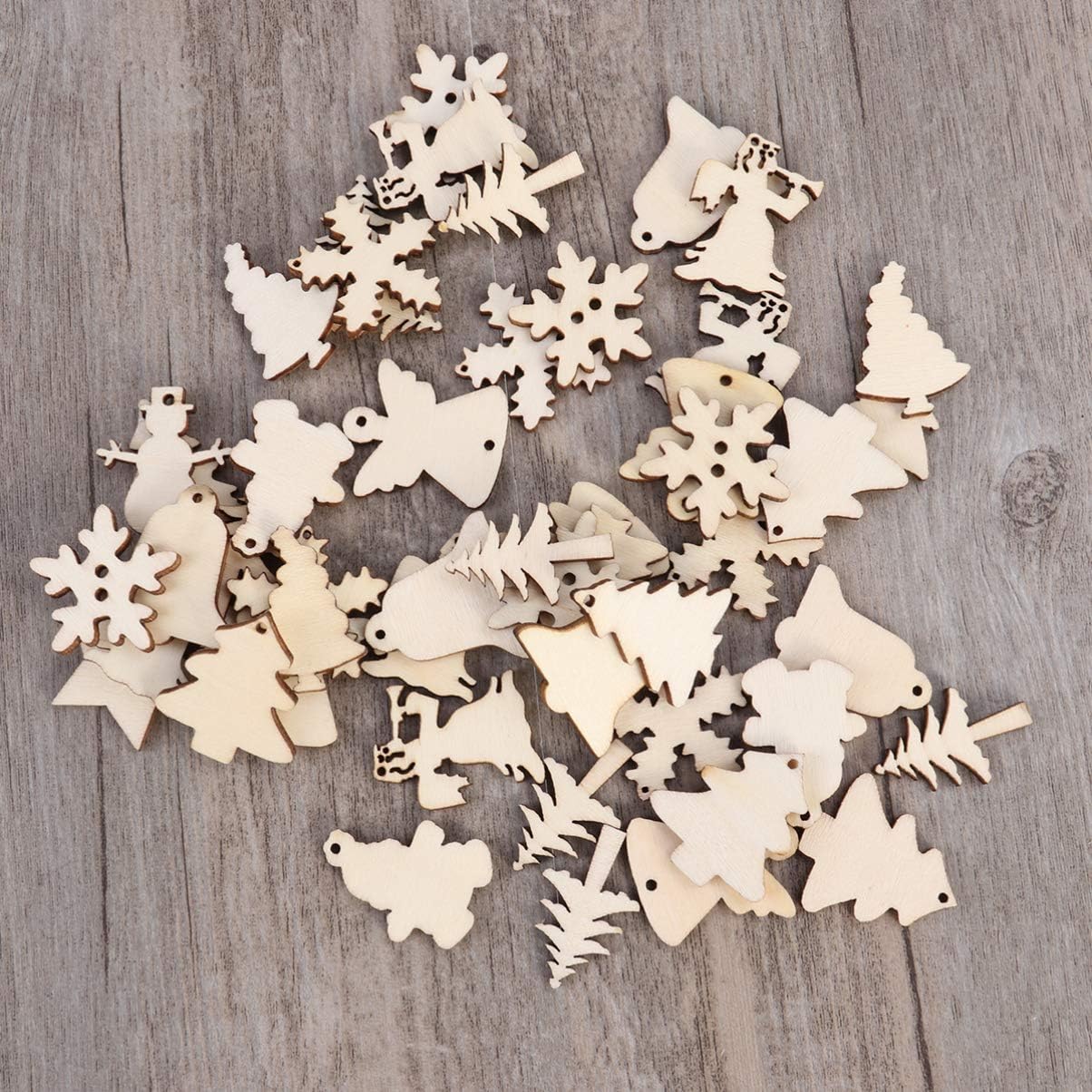 PRETYZOOM 50Pcs Christmas Wooden Slices Embellishments Hanging Ornaments Wood Crafts Xmas Tree Decoration (Christmas Tree Snowman Snowflake) - Image 4