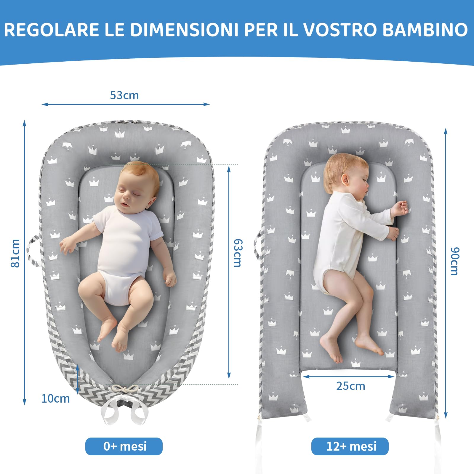 ROMAGIO Baby Lounger morbido e traspirante, nido portatile per neonati con copertura per bambini 0-24 mesi, per co-sleeping, idea regalo per bambini (bianco)