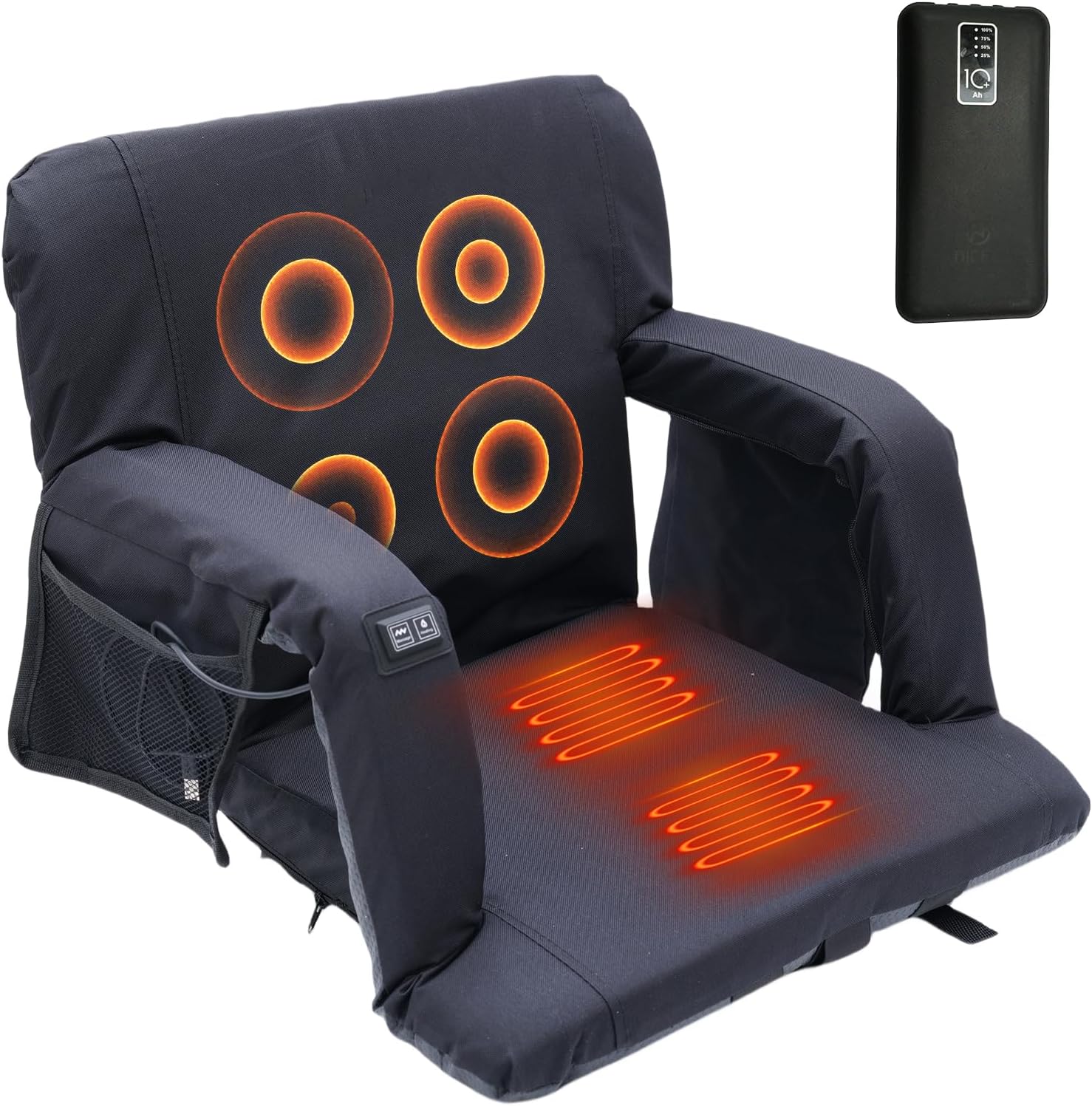 Stadium Seat with Back Support, Bleacher Seat, Heated Seat with Massage, Reclining Waterproof Cushion, Ultimate Comfort, Complete with Shoulder Straps