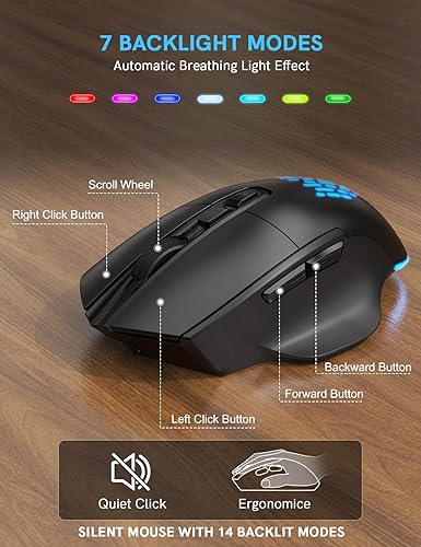 Miniatura 6 de SABLUTE Combo ergonómico de teclado y mouse inalámbricos, teclado Wave con reposamuñecas de cuero suave, teclas resistentes, juego recargable con