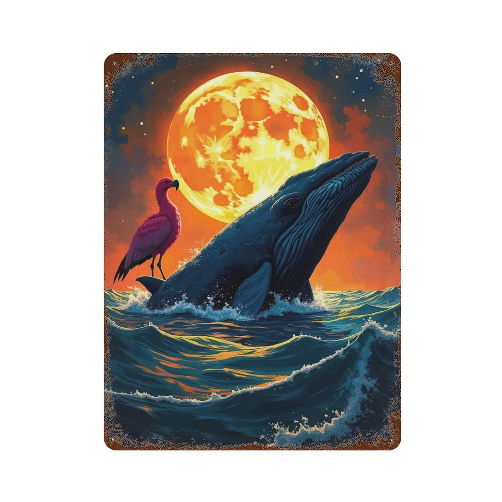 Whale, Flamingo, And Moon Fantasy Art Rusty Metal Tin Sign 15.7"x11.8", Classic Wall Plaque for Pub, Kitchen And Man Cave Decor