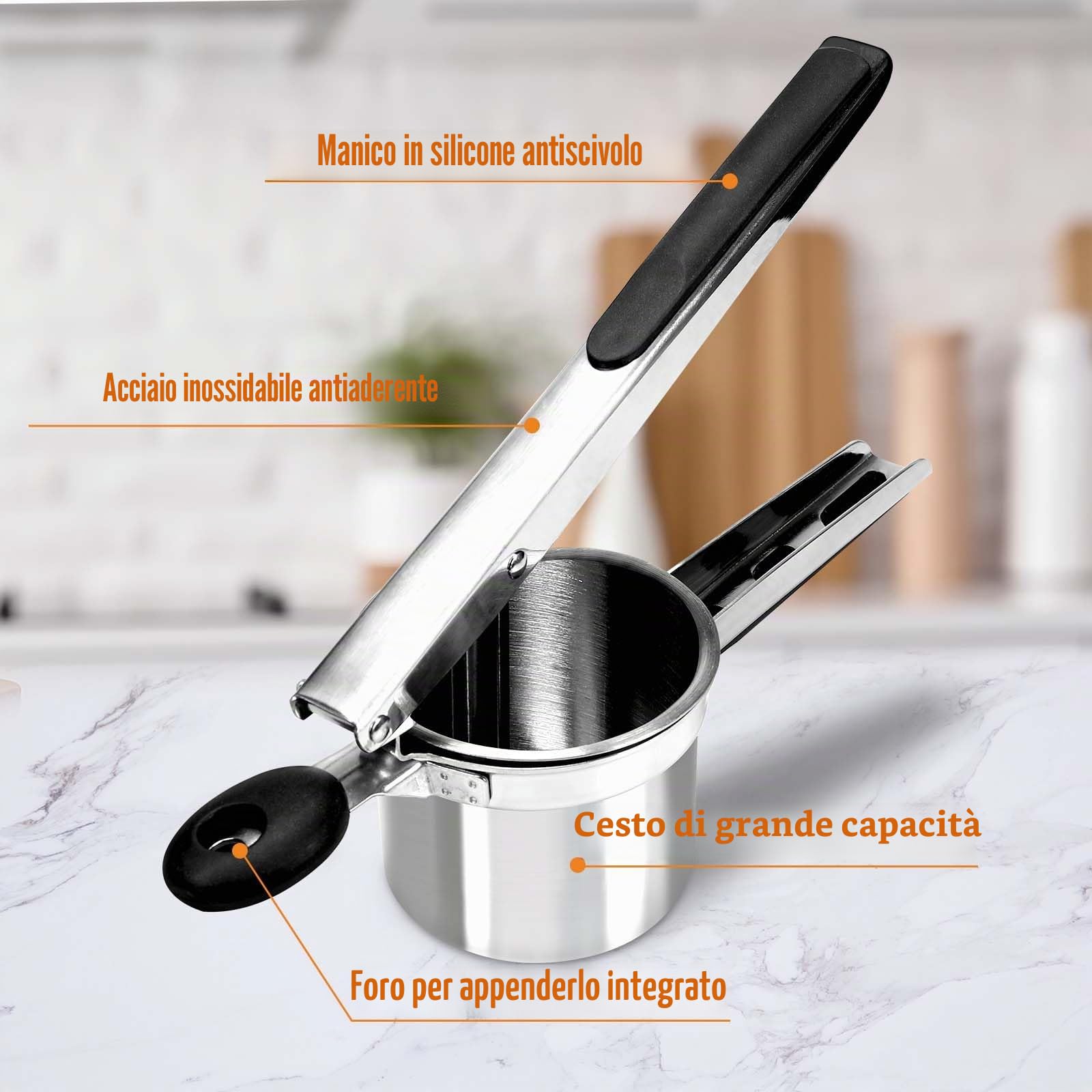 Schiacciapatate Manuale, Pressa Manuale per Patate in Acciaio Inox con 3 Colini Sostituibili per Purè di Patate, Frutta, Verdure, bébé