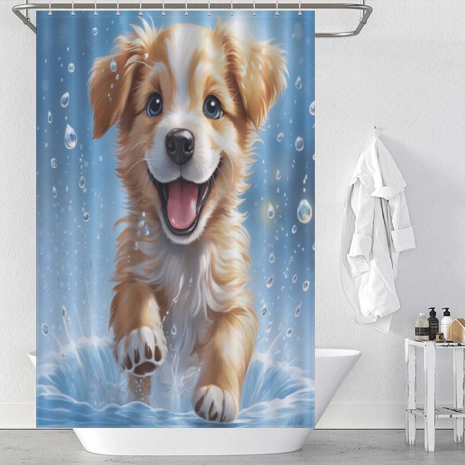 Rideau de douche chien mignon en polyester lavable 122x183cm avec 12 crochets