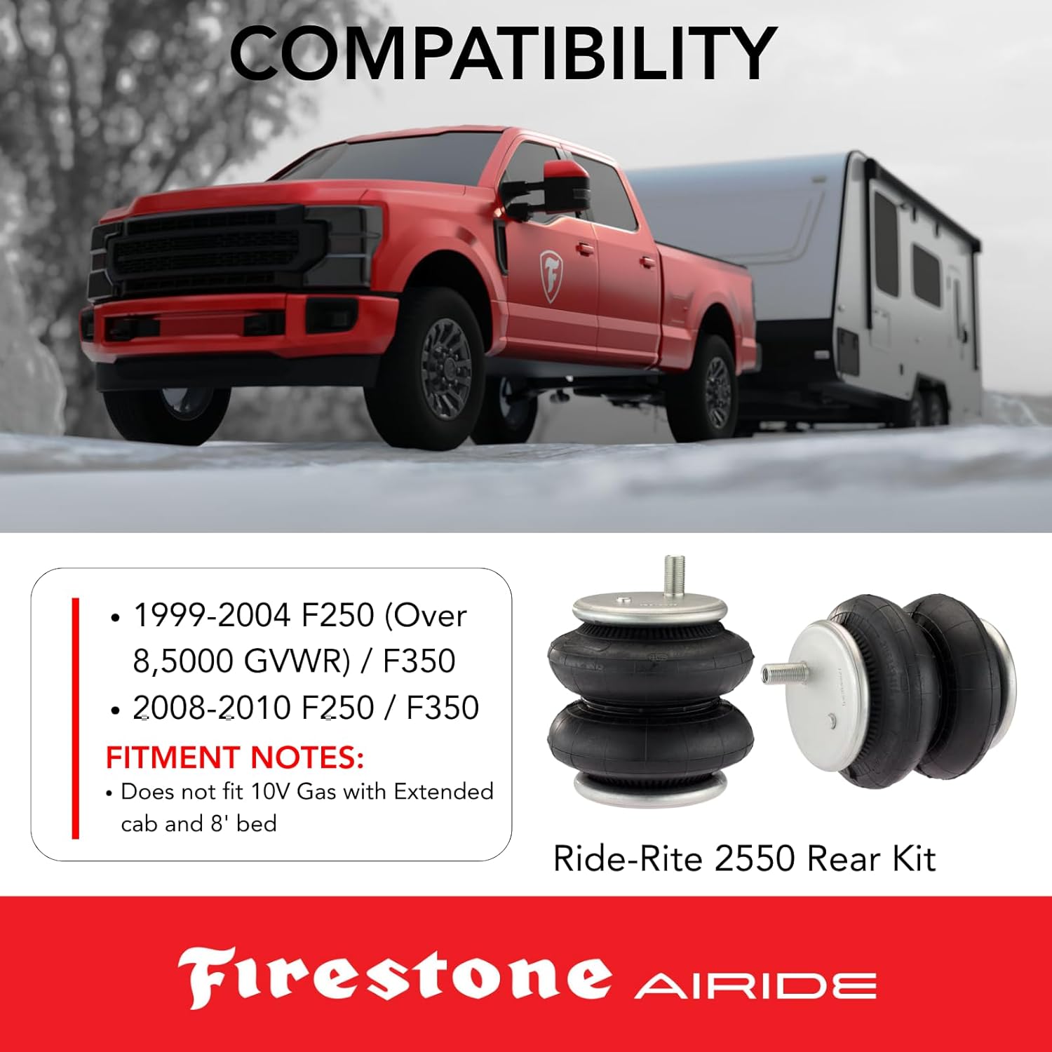 Firestone Airide 2550 Rear Air Springs Kit fits 1999-2004 F250 F350 and 2008-2010 F250 F350 | 5-100 PSI | No Drill Installation | Enhances Brake Effectiveness | Reduces Tire Wear
