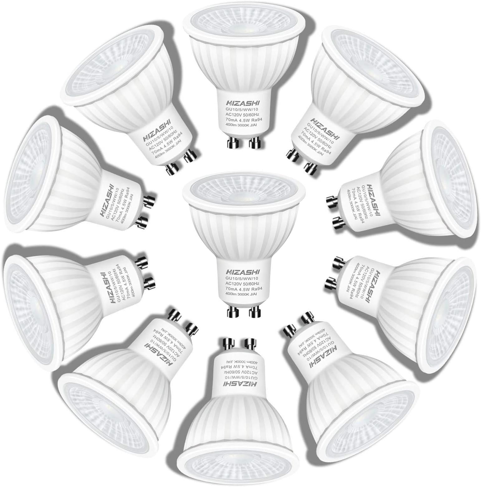 Hizashi GU10 LED Bulbs, 50W Halogen Equivalent, 4.5W 400LM Spot Light Bulb, 3000K Soft Warm White Track Light Bulb, LED Light Bulbs for Recessed Lighting, Non Dimmable, UL Listed, 10 Pack