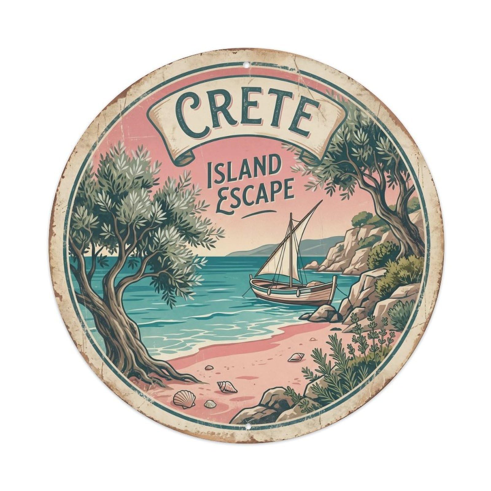 Vintage Travel Crete Sandy Beach Vintage Metal Tin Sign Plaque Wall Decor for Cafe, Club Bar, Office, Garden Metal Poster 8x8Inch
